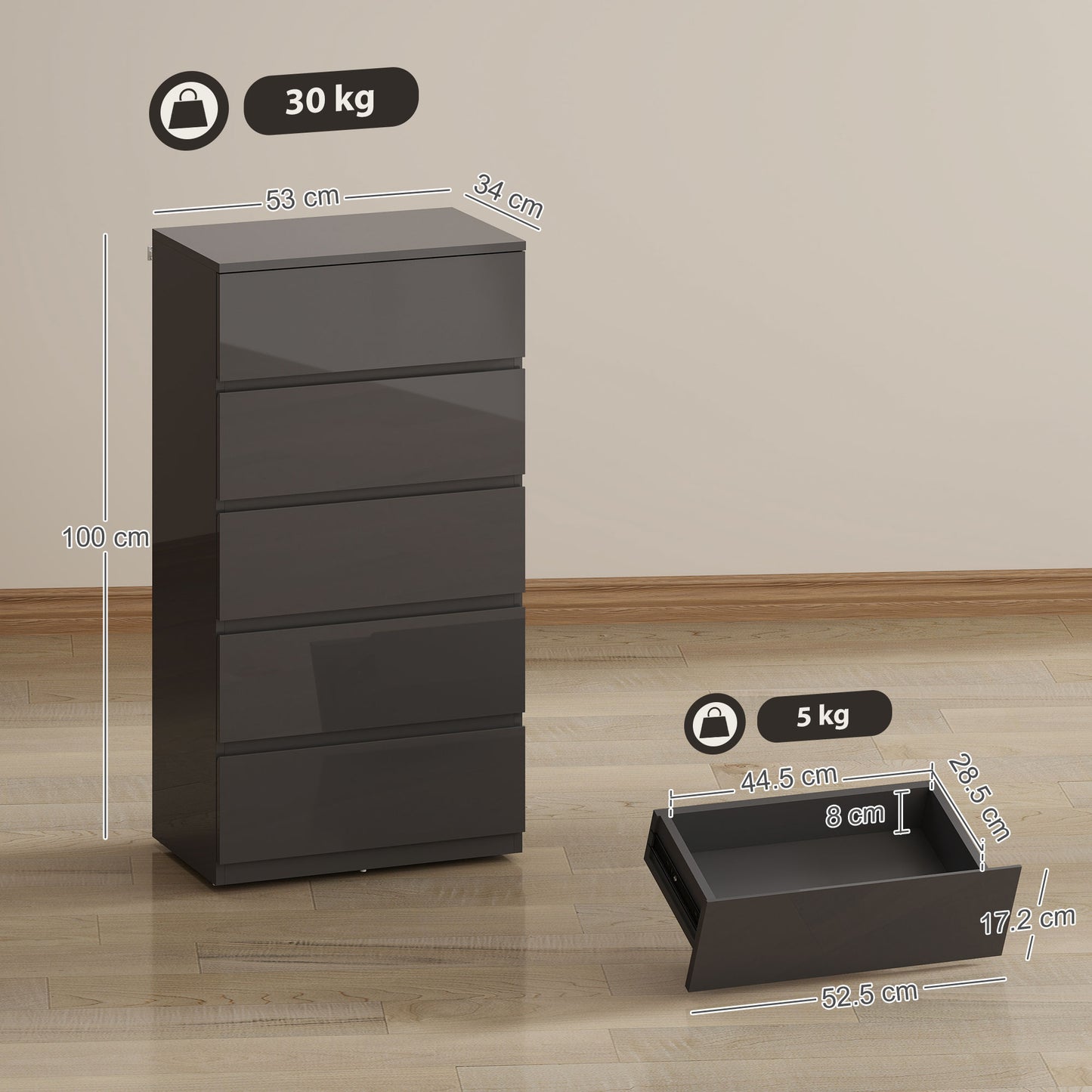HOMCOM 5 Drawer Chest Of Drawers Modern Dresser Storage Cabinet For Bedroom Organization And Style