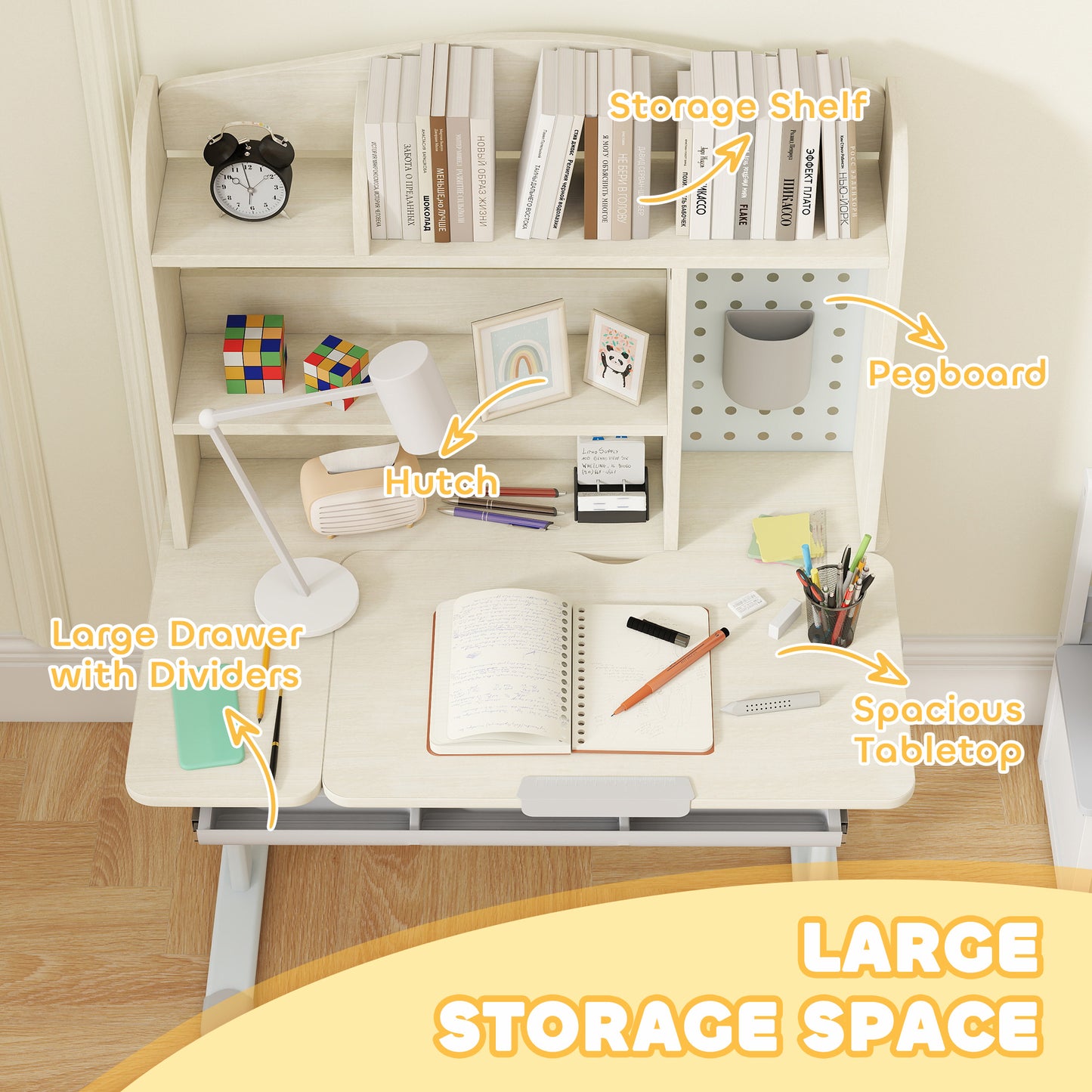 AIYAPLAY Kids Desk Height Adjustable Tilt Desktop With Hutch Drawer Storage Shelf Pegboard For Ages 3 To 12