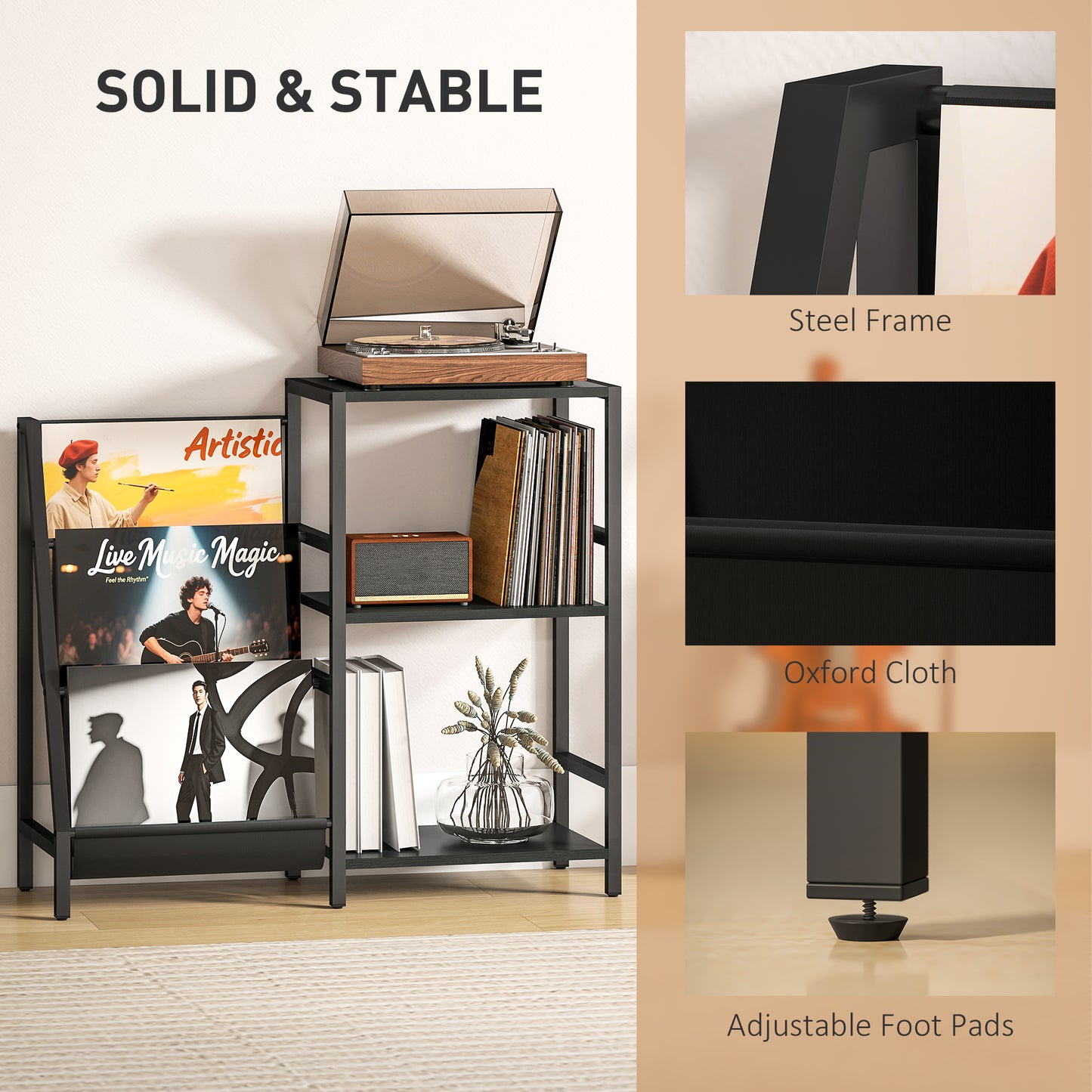 HOMCOM 3 Tier Record Player Stand End Table for Living Room and Bedroom Black Wood Effect