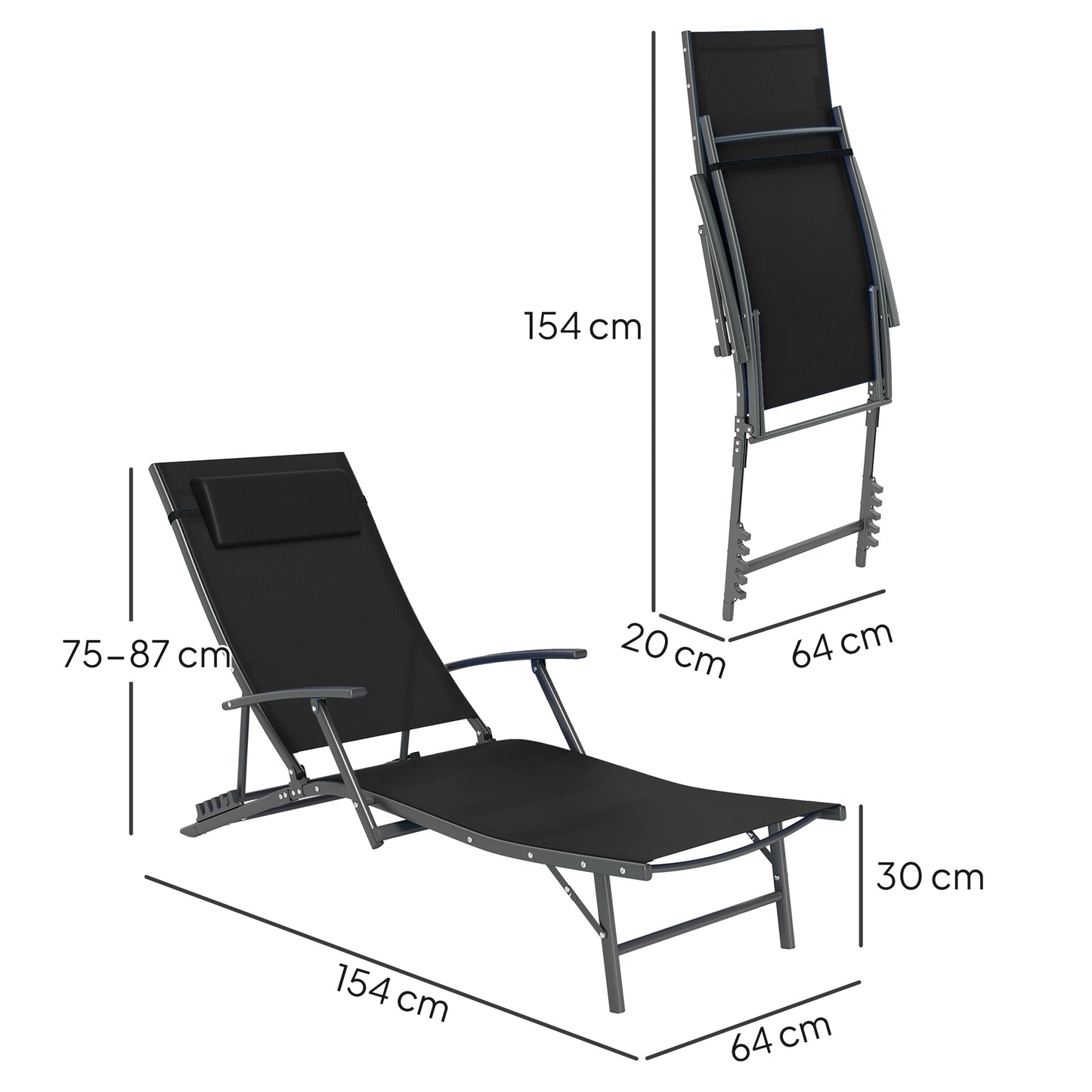 Outsunny Set of Two Adjustable Back Sun Loungers Black With Quick Dry Texteline Mesh and Cushioned Pillows