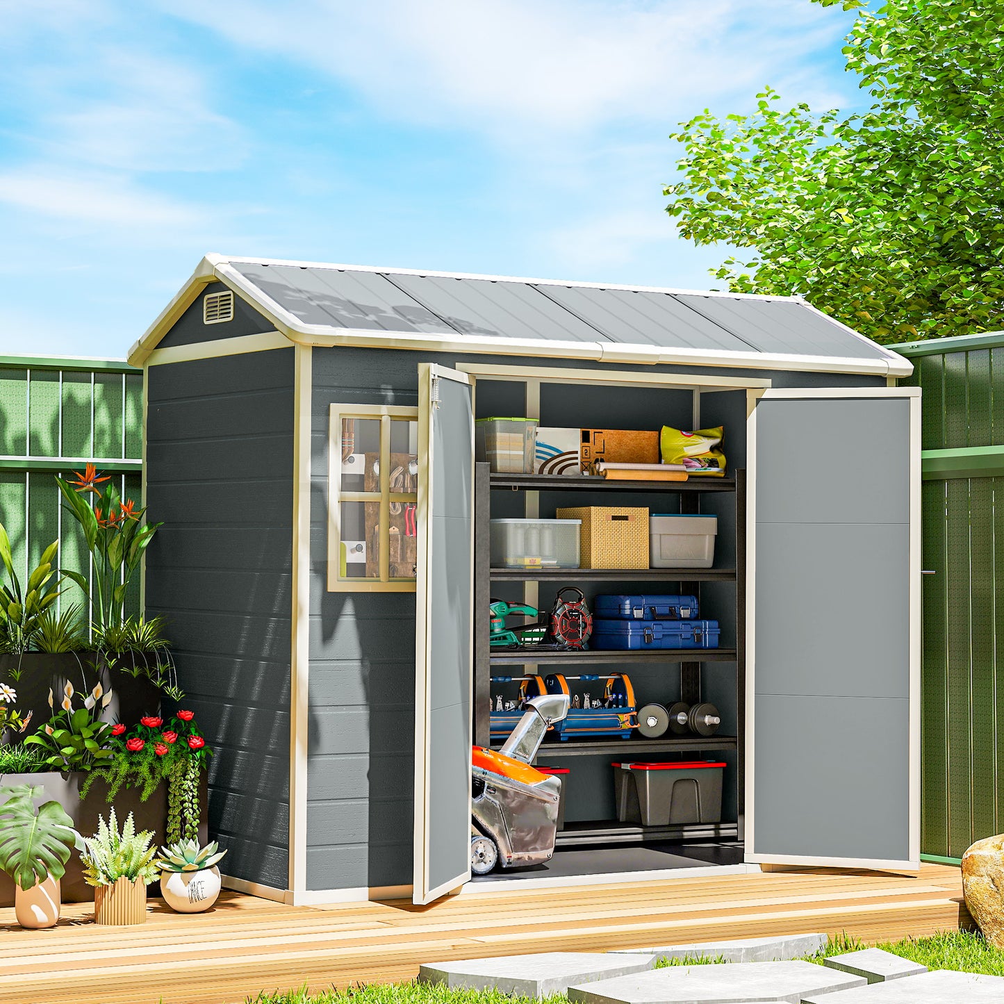 Outsunny 8x4 Ft Resin Garden Shed Wood-Effect Outdoor Storage Shed With Floor Windows Lockable Doors Vents Light Grey