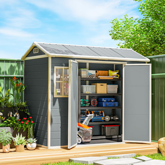 Outsunny 8x4 Ft Resin Garden Shed Wood-Effect Outdoor Storage Shed With Floor Windows Lockable Doors Vents Light Grey