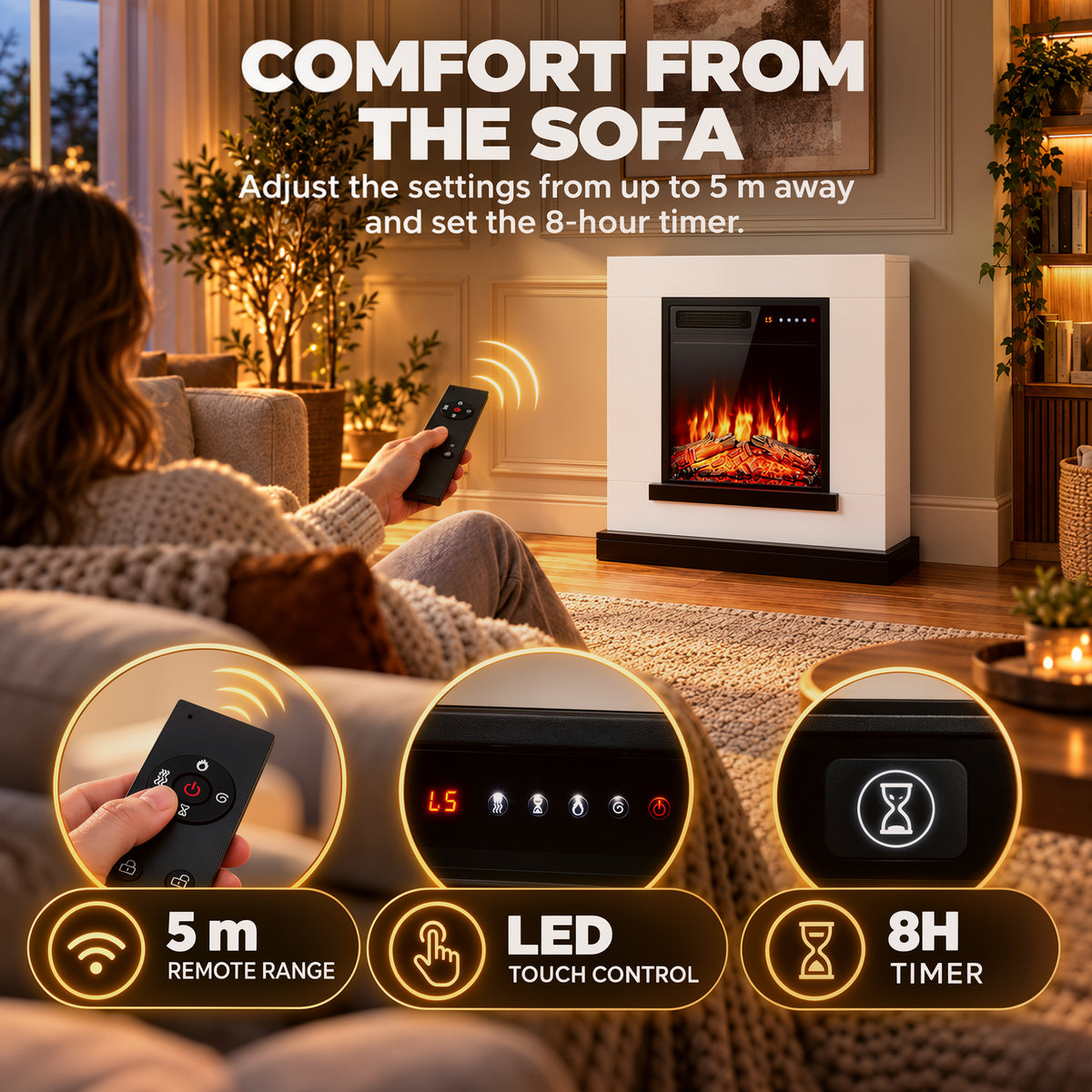 White electric fireplace console on rug, flame window facing forward