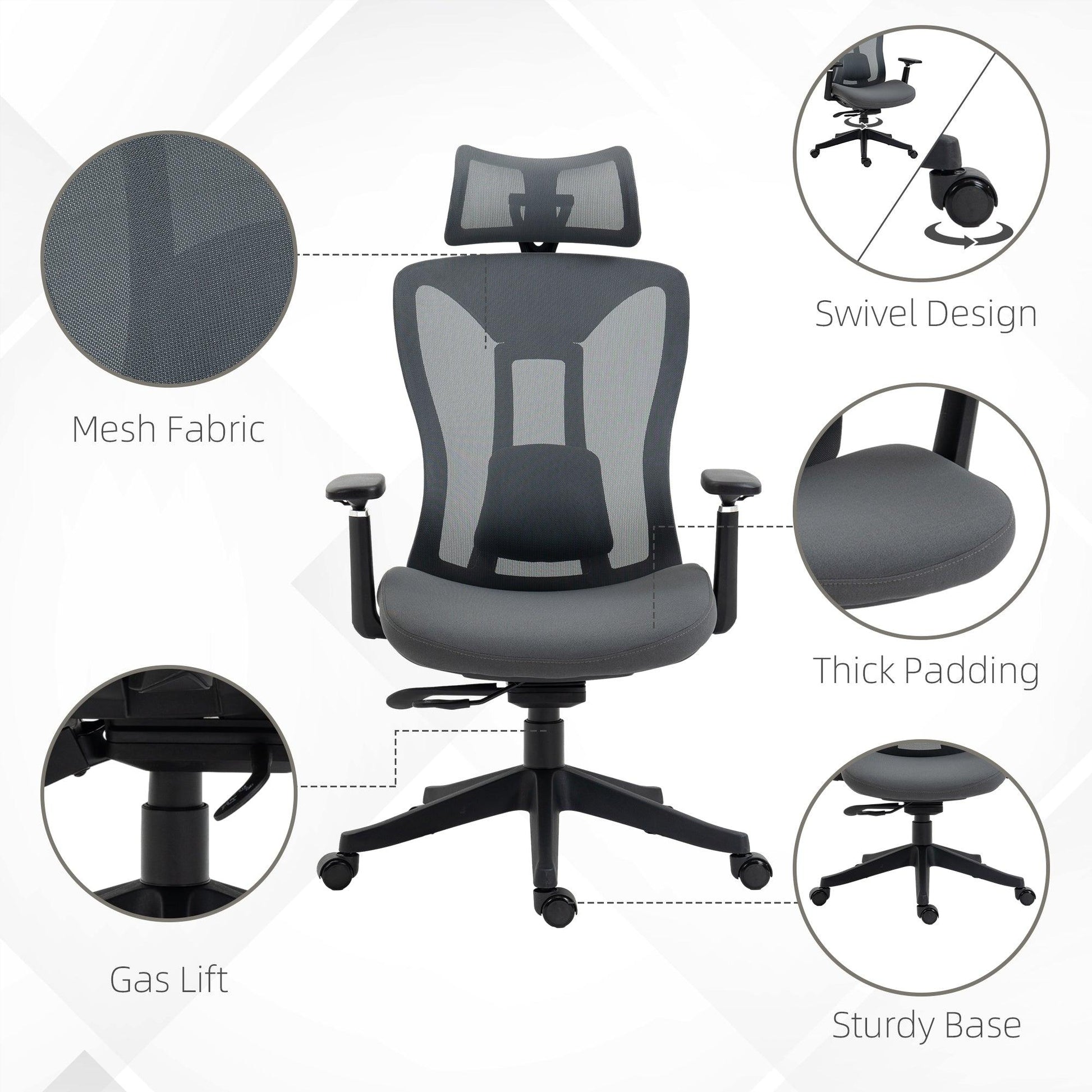 Vinsetto Mesh Office Chair with Adjustable Headrest and Lumbar Support - ALL4U RETAILER LTD