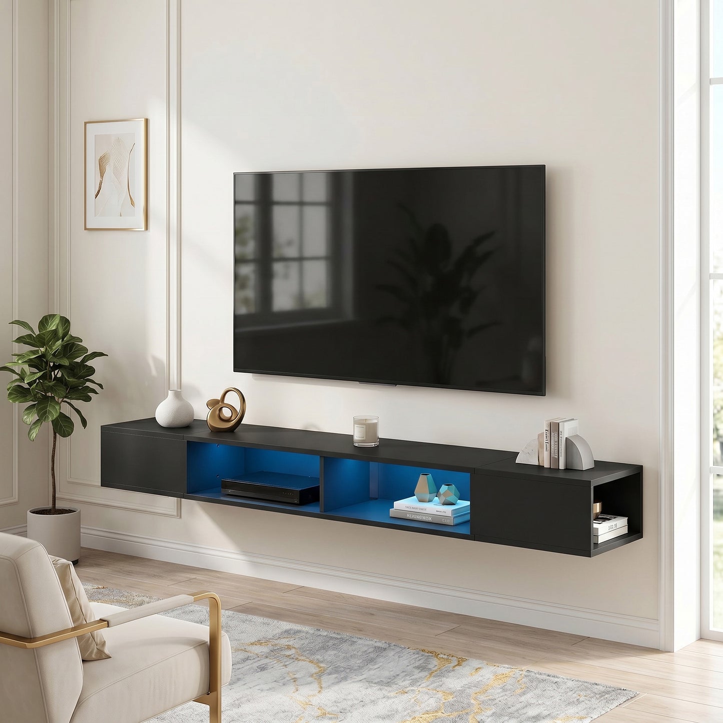 HOMCOM Wall Mounted TV Stand With RGB LED Lights For 75 Inch TV Black Floating Entertainment Centre