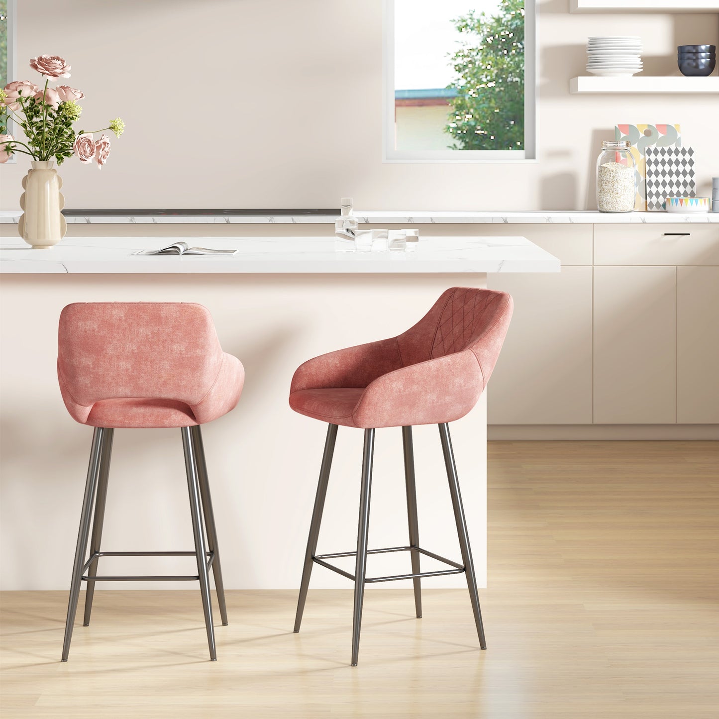 HOMCOM Elegant Pink Velvet Bar Stool Set - ALL4U RETAILER LTD