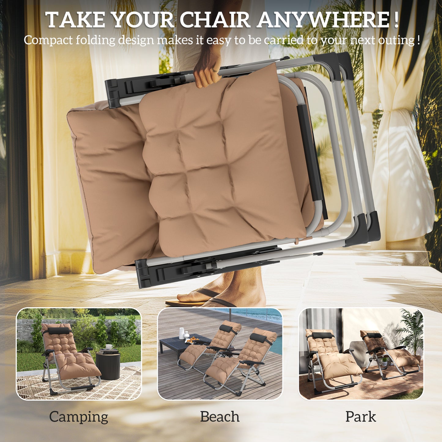 Outsunny 2 Piece Reclining Zero Gravity Sun Loungers With Cushions For Outdoor Patio Khaki