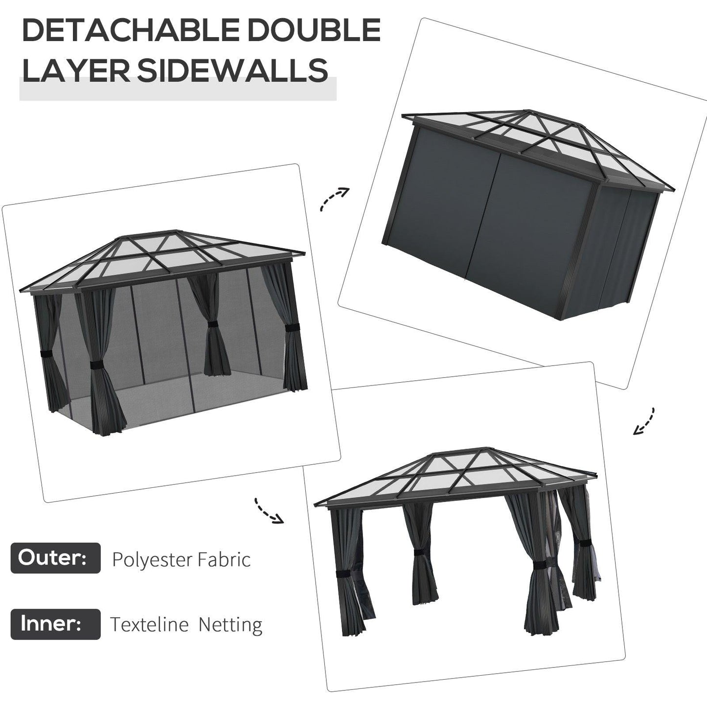 Outsunny 3 x 3.6m Hardtop Gazebo with UV Resistant Polycarbonate Roof and Aluminium Frame, Garden Pavilion with Mosquito Netting and Curtains - ALL4U RETAILER LTD