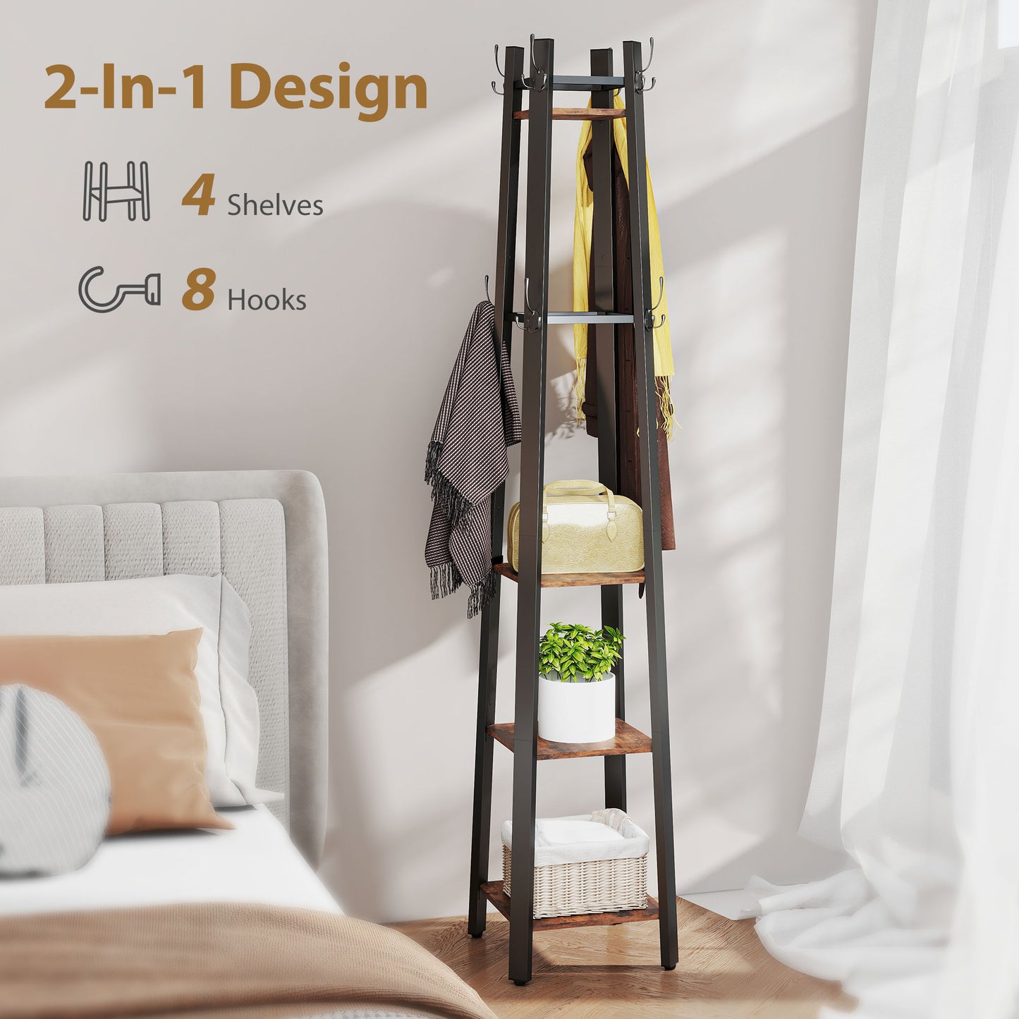 HOMCOM Industrial Style Four Shelf Coat Stand with Eight Hooks for Entryway Organization Brown and Black