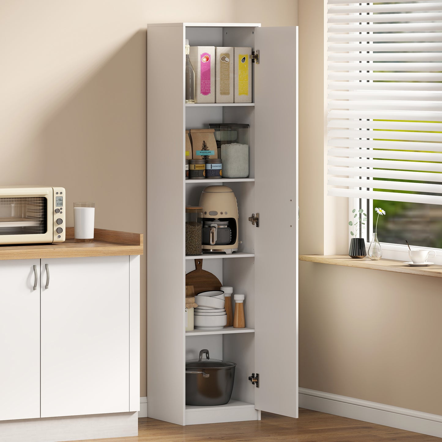 HOMCOM 180cm Tall Kitchen Cupboard Freestanding 5 Tier Pantry Storage Cabinet With Adjustable Shelves White
