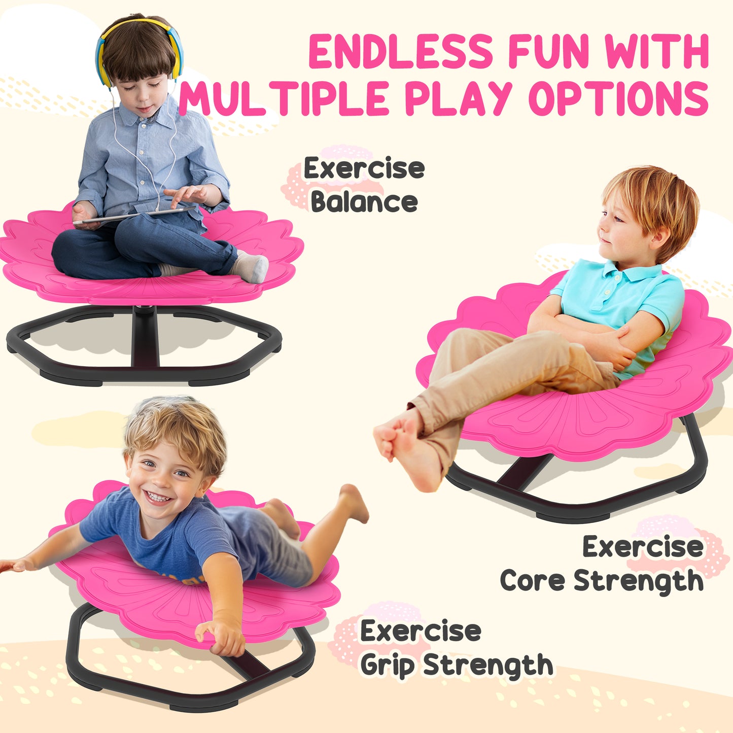 AIYAPLAY Flower Shaped Sensory Spinning Chair for Kids with Non Slip Base Pink Balance and Coordination