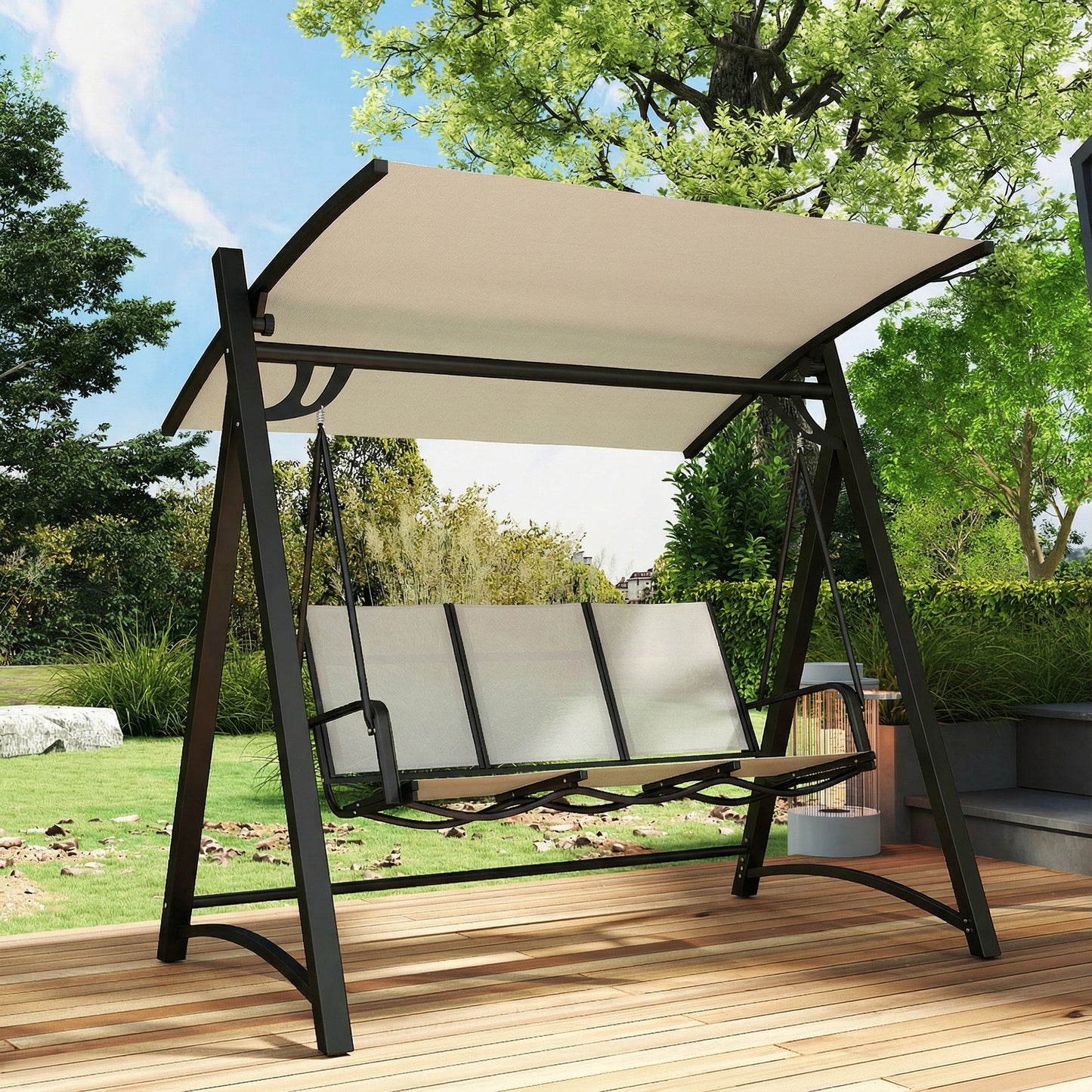 Outsunny 3 Seater Garden Swing Chair With Adjustable Tilting Canopy And Breathable Mesh Seat 360 Kg Capacity White