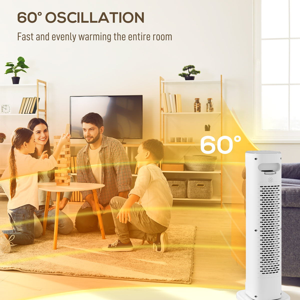 White ceramic tower electric heater with 60° oscillation effect for room warming