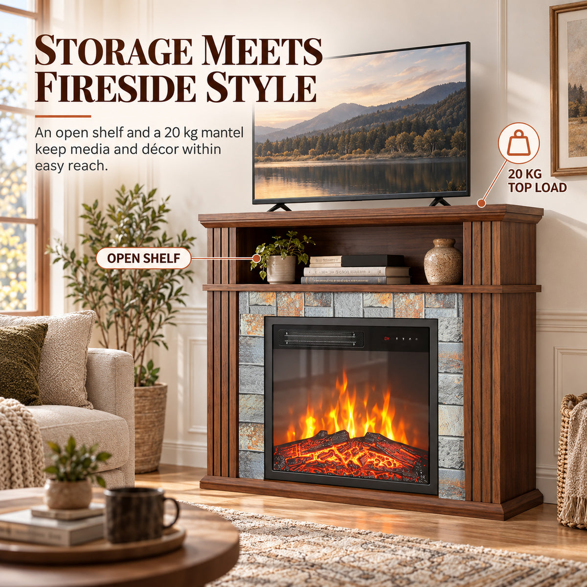 Grey electric fireplace TV stand with open shelf storage and glowing flame display