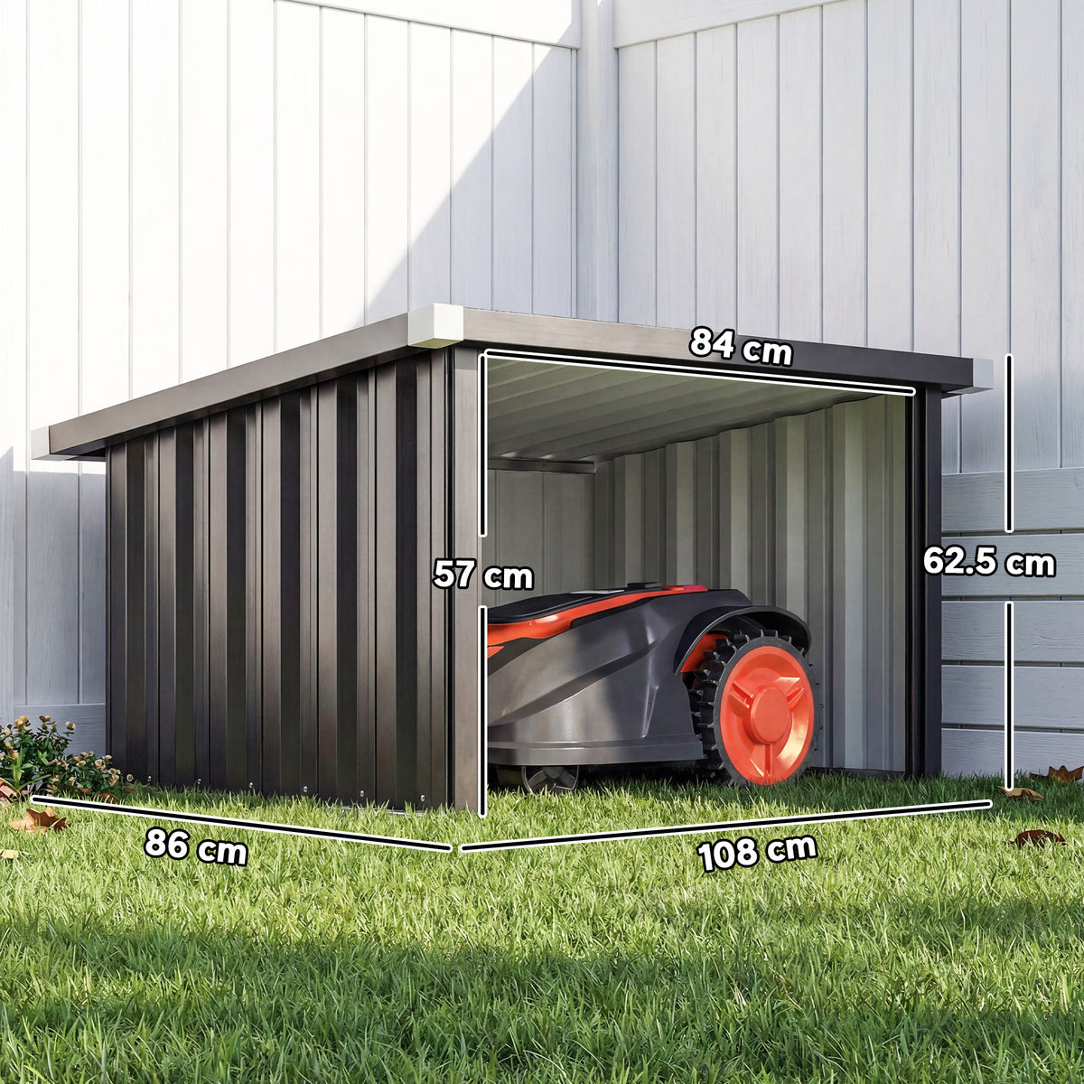 Weatherproof robot mower storage garage with sloped roof, open front, steel walls