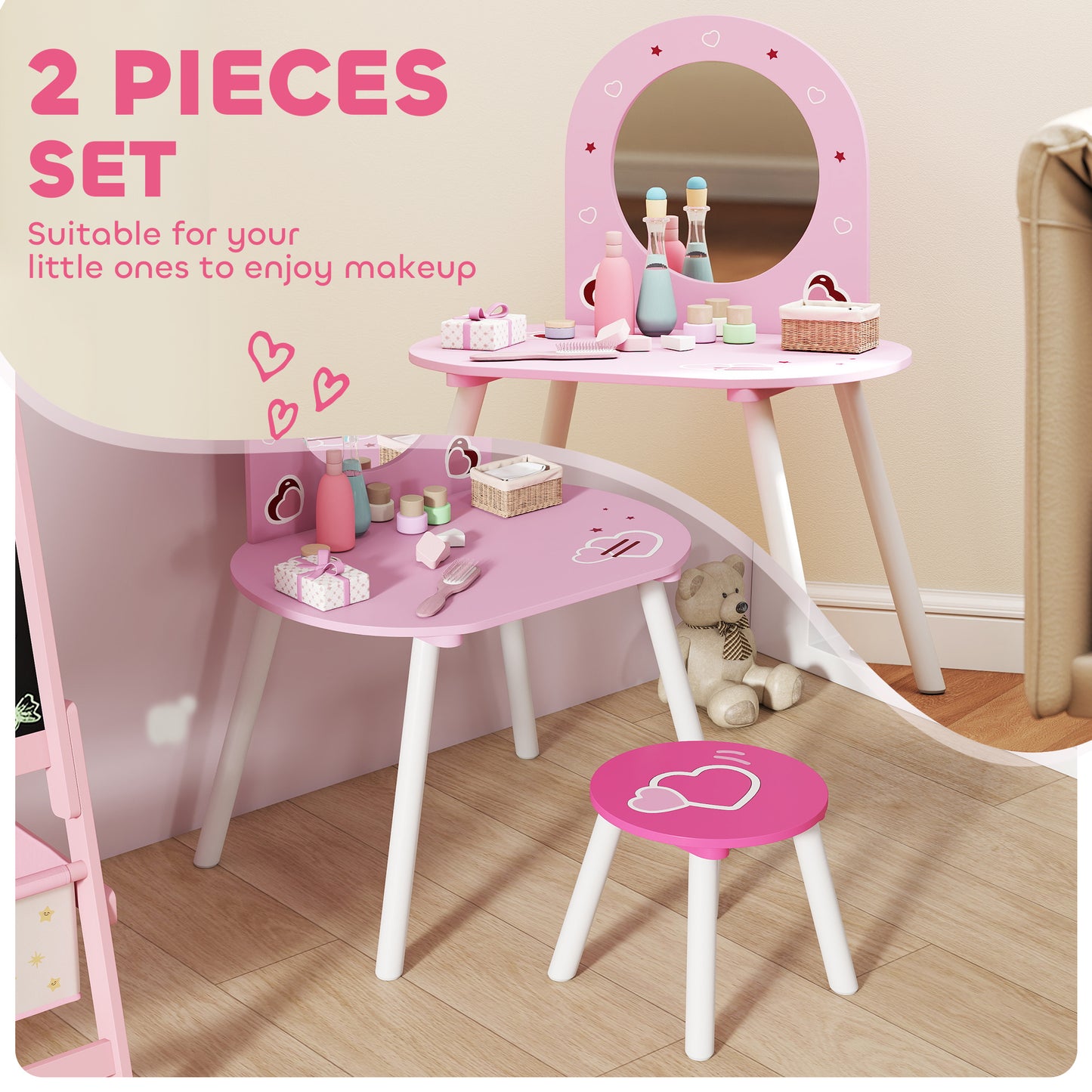 AIYAPLAY Kids Dressing Table With Mirror And Stool Vanity Set For Girls Ages 3 To 6 Pink