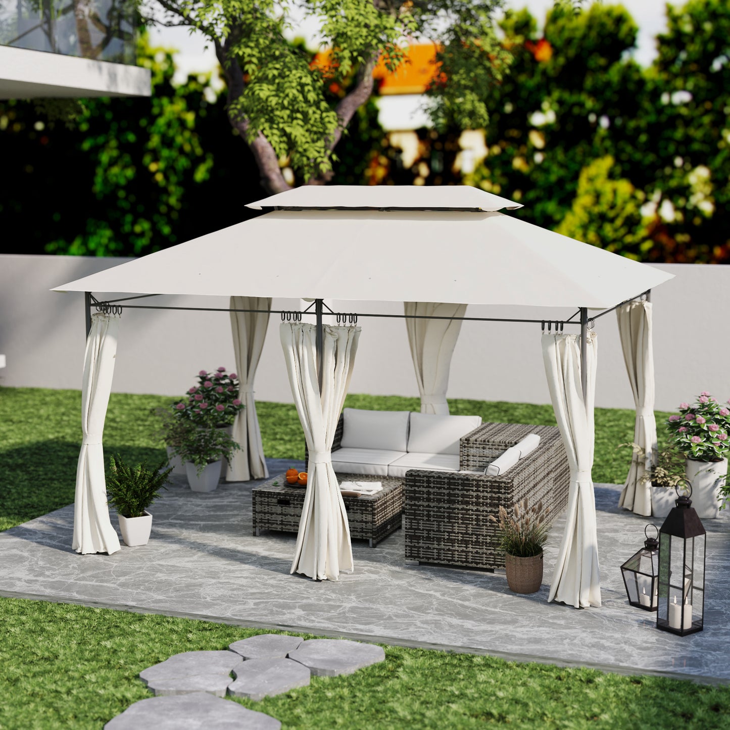 Outsunny 3x4m Metal Frame Gazebo With Two Tier Roof Cream White Garden Canopy For Outdoor Parties