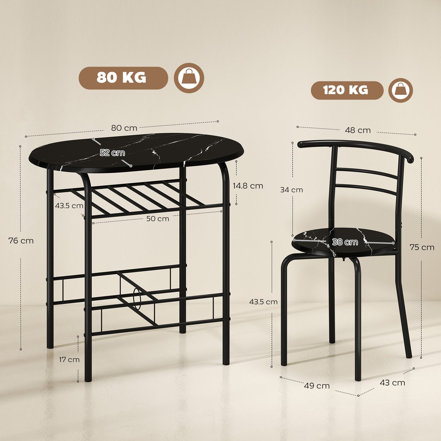 HOMCOM Three Piece Compact Dining Set With Marble Effect MDF Tabletops And Metal Frames Black With Under Table Shelf