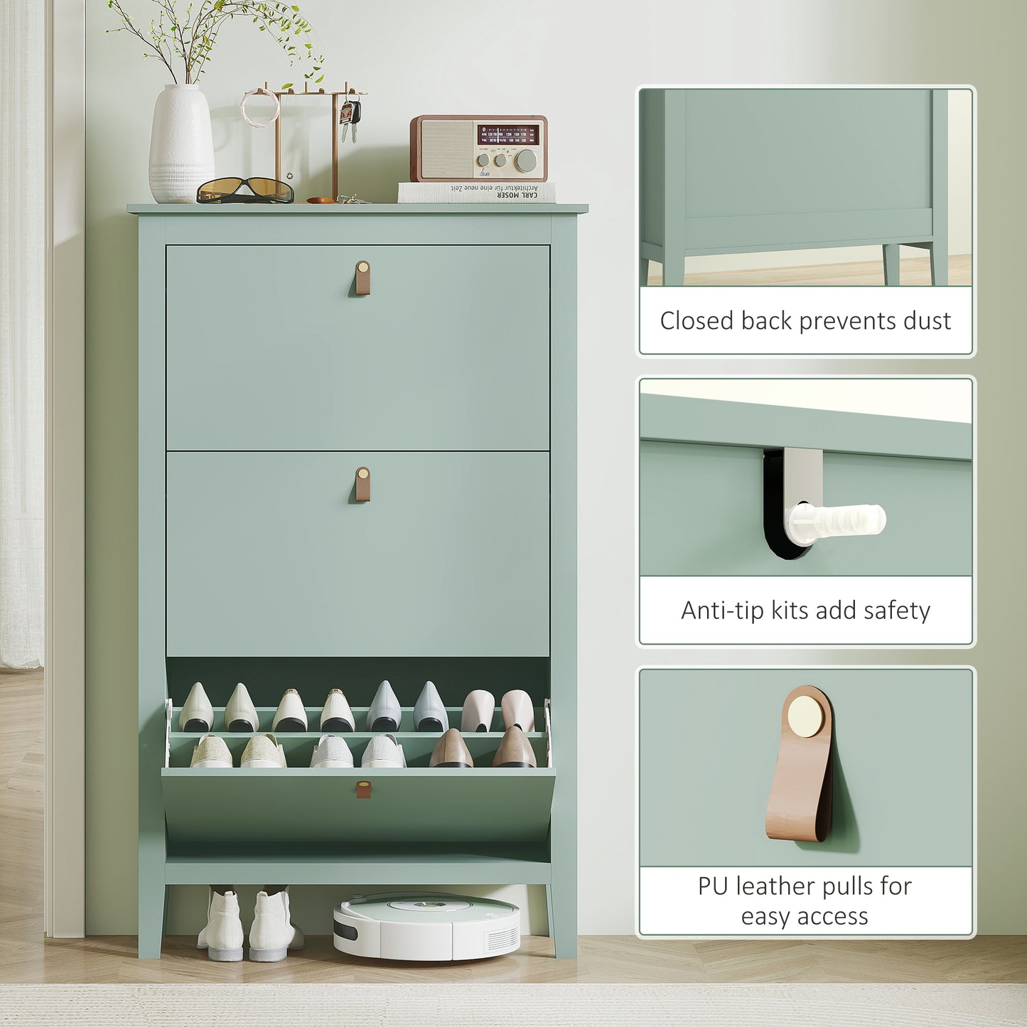 HOMCOM Slim Modern Three Drawer Shoe Cabinet in Green Holds 21 Pairs of Shoes for Neat Entryway Organization