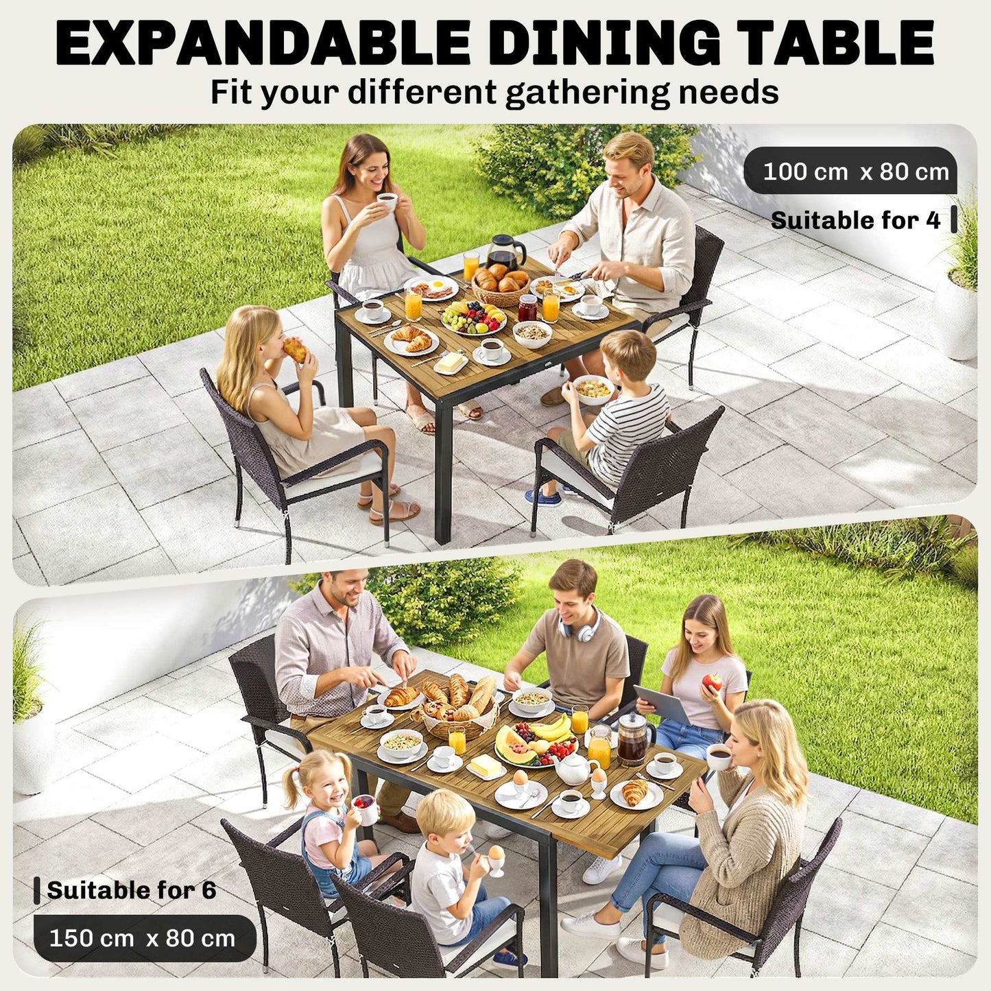 Outsunny 7 Piece Rattan Garden Furniture Set With Extendable Acacia Wood Tabletop 6 Stackable Chairs