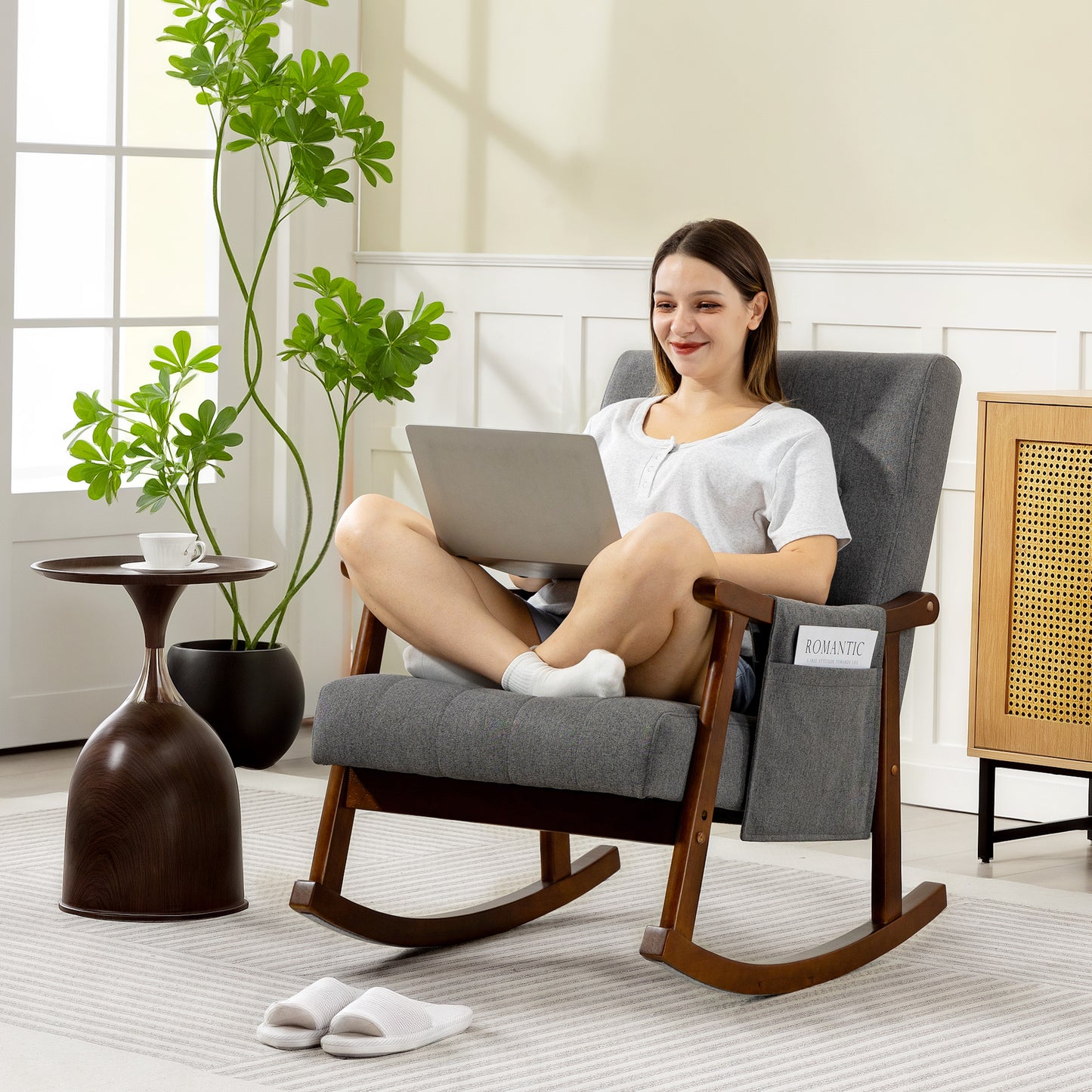 HOMCOM Wood Frame Rocking Armchair Grey With Padded Seat And Back For Cozy Lounging