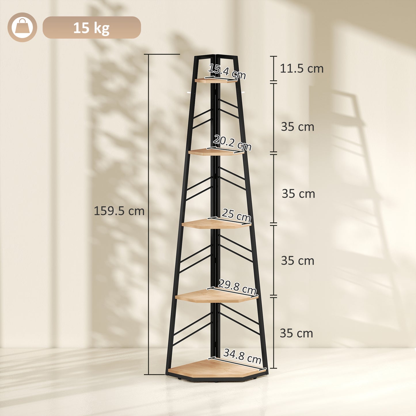 HOMCOM Corner Bookcase Five Tier Floor Standing Bookshelf Shelving Unit for Living Room Study Bedroom Natural Wood
