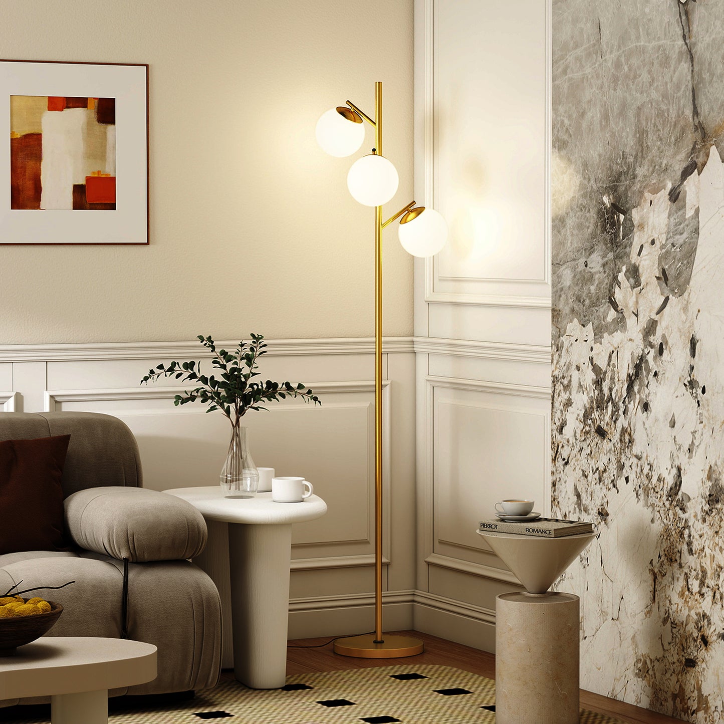HOMCOM 3 Light Tree Floor Lamp With Globe Lampshades Modern Gold Tone Standing Light 3000K 4000K 6000K Temperatures