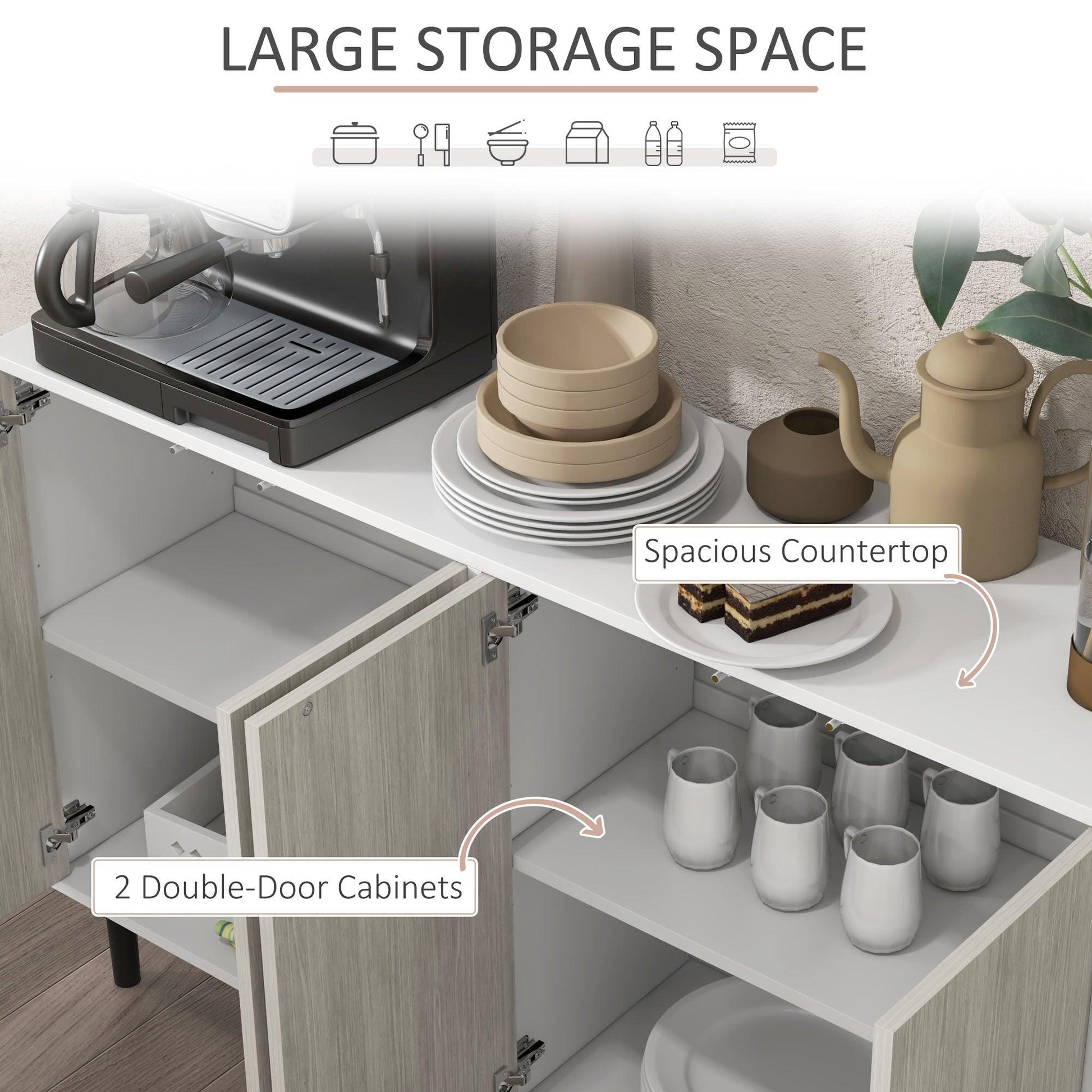 HOMCOM Kitchen Sideboard Storage Cabinet for Living Room with Adjustable Shelves 4 Doors and Pine Wood Legs White - ALL4U RETAILER LTD