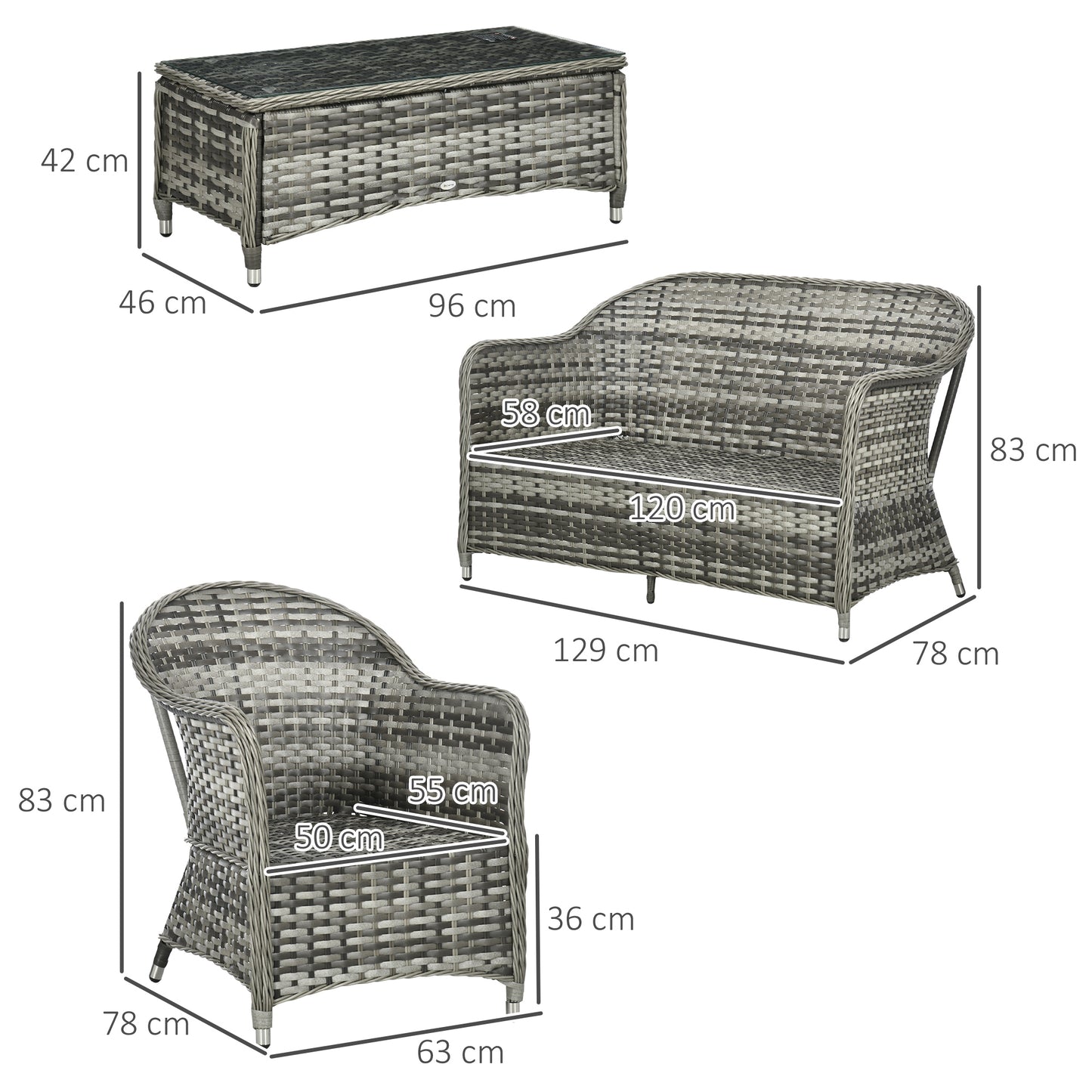 Outsunny Four Piece Rattan Sofa Set With Glass Top Table Orange Outdoor Garden Furniture