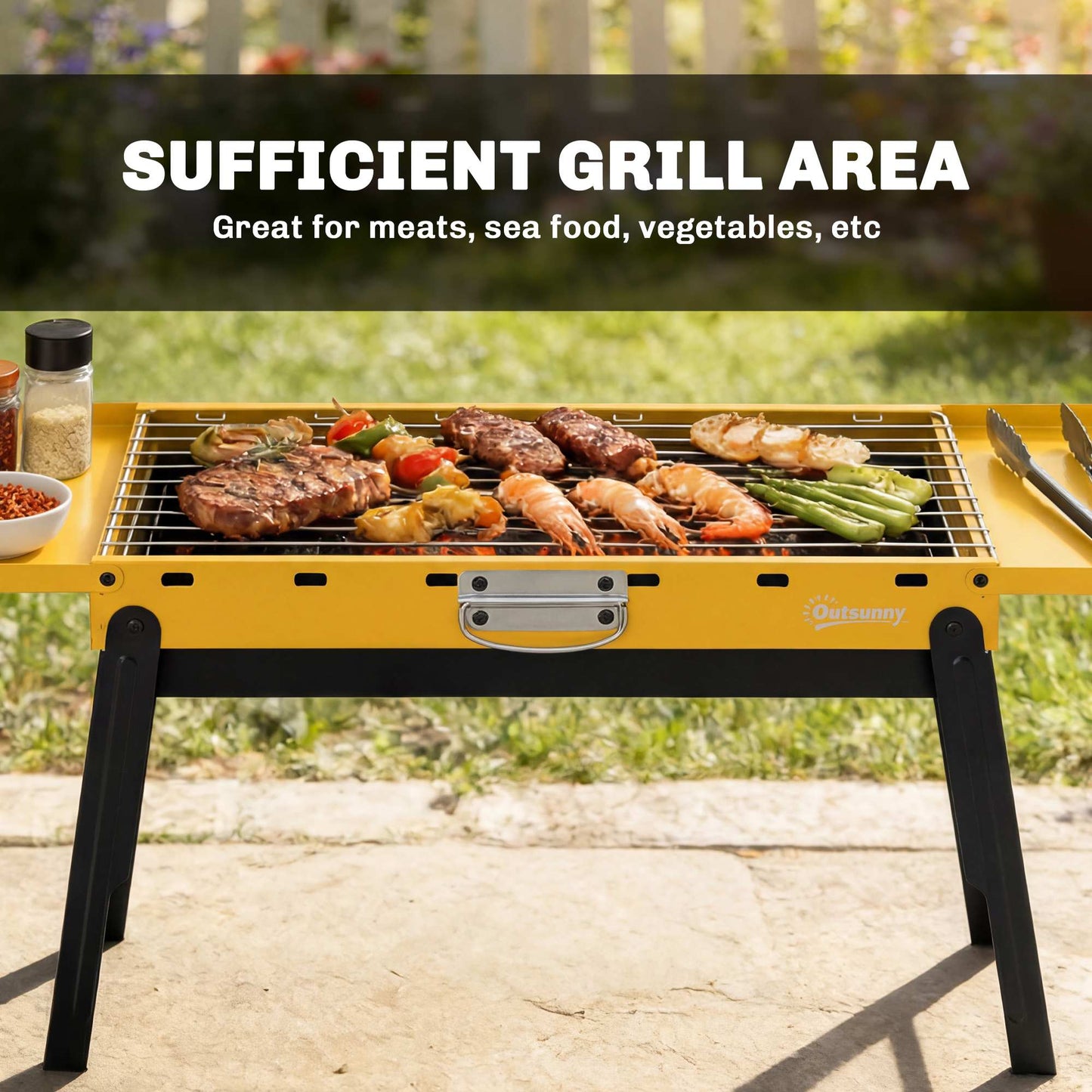 Outsunny Yellow Portable Foldable Charcoal BBQ Grill For Camping And Picnics With Two Side Shelves And Handle