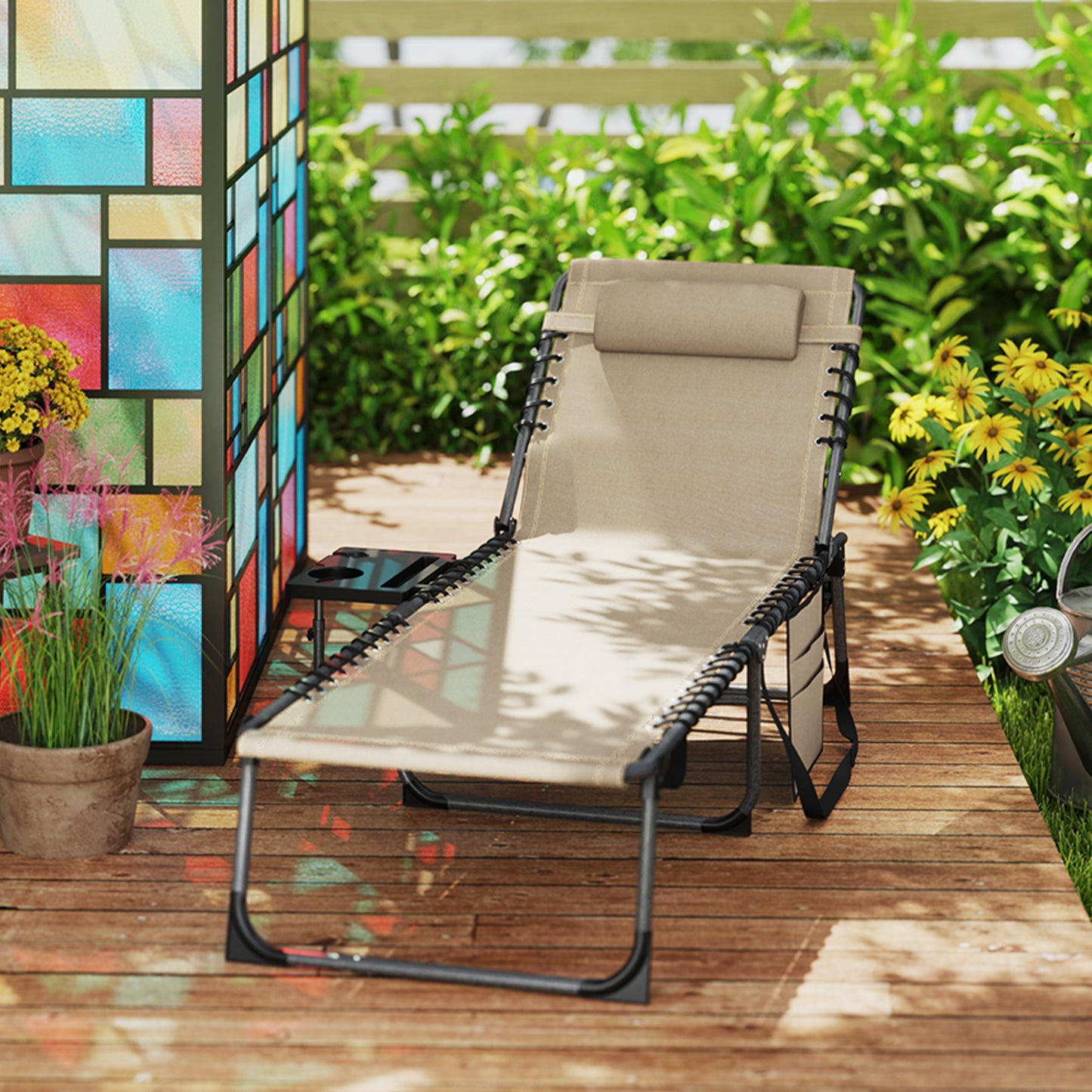 Outsunny Five Position Reclining Sun Lounger Beige With Removable Head Pillow And Powder Coated Steel Frame