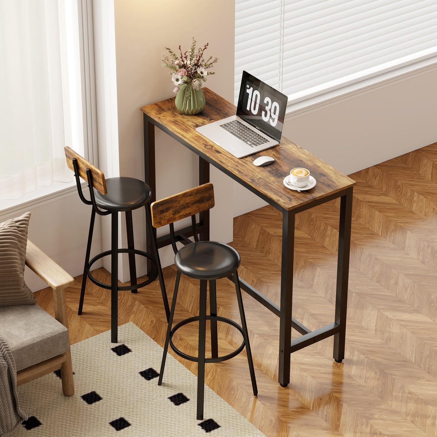 HOMCOM Set Of Two Industrial Style Bar Stools Black Metal Frames Dark Wood Back Panels For 104 To 109 Cm Countertops
