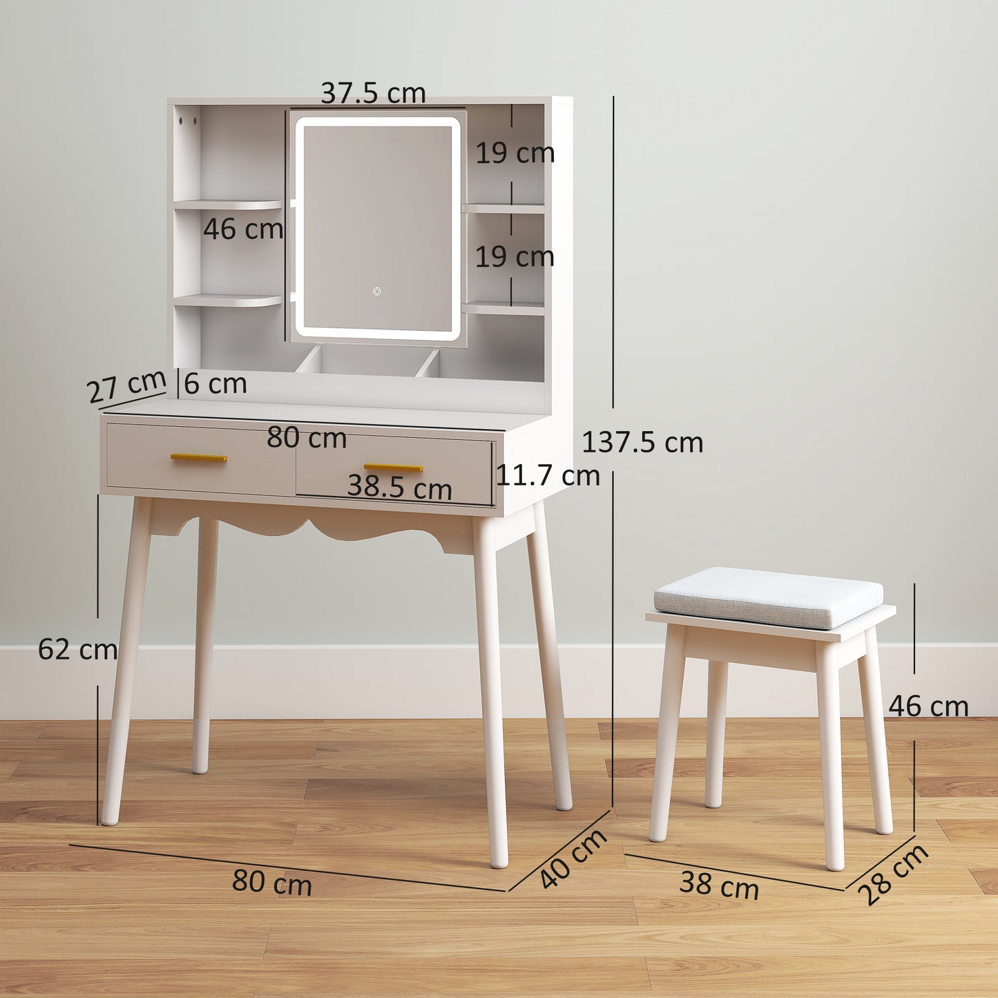 HOMCOM Elegant Dressing Table With LED Mirror And Adjustable Color Temperature White Finish