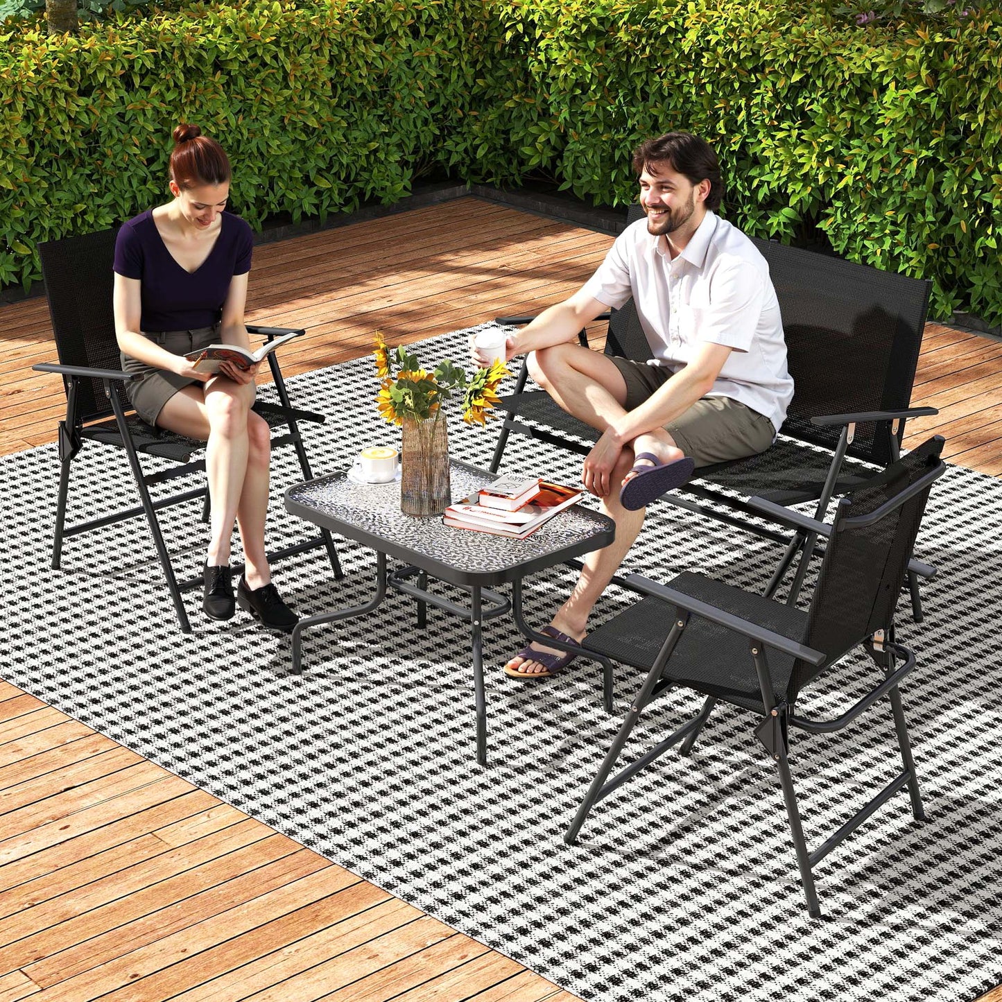 Outsunny Four Piece Outdoor Metal Garden Sofa Set With Tempered Glass Coffee Table Black