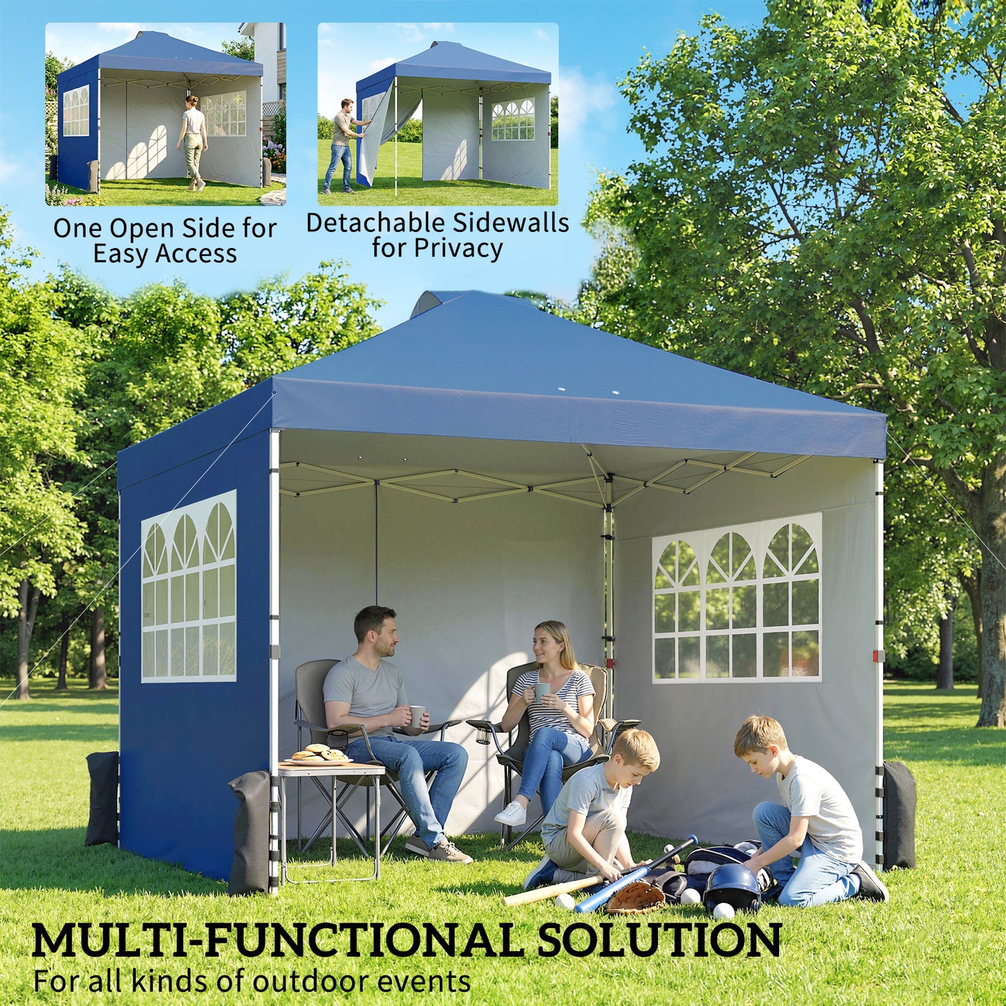 Outsunny Pop Up Gazebo 3 x 3 m Waterproof Height Adjustable Canopy With 3 Sidewalls And Wheeled Bag Dark Blue