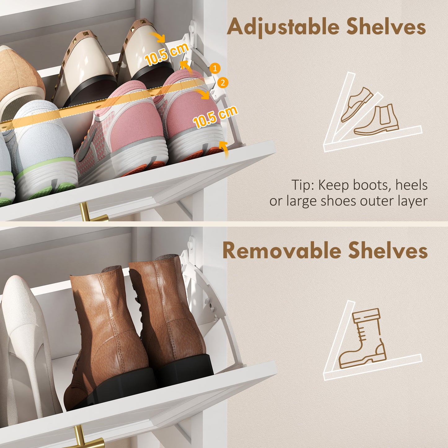 HOMCOM Farmhouse Narrow Shoe Storage Cabinet With 2 Flip Drawers And Adjustable Shelves White