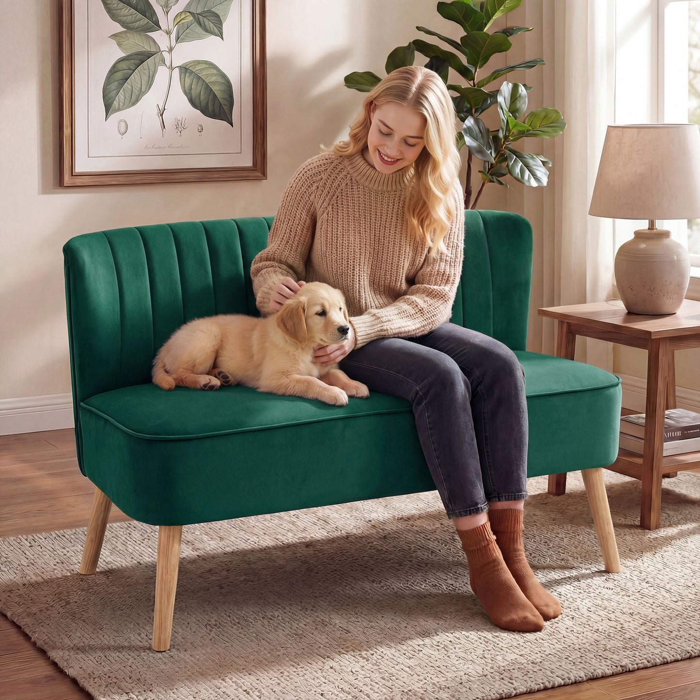 HOMCOM 46 Inch Upholstered Loveseat Sofa 2 Seat With Thick Padded Cushions And Rubber Wood Legs Dark Green