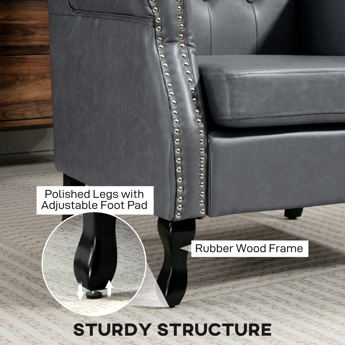 HOMCOM Wingback Accent Chair Tufted Chesterfield Style Armchair With Nailhead Trim Grey Living Room Bedroom