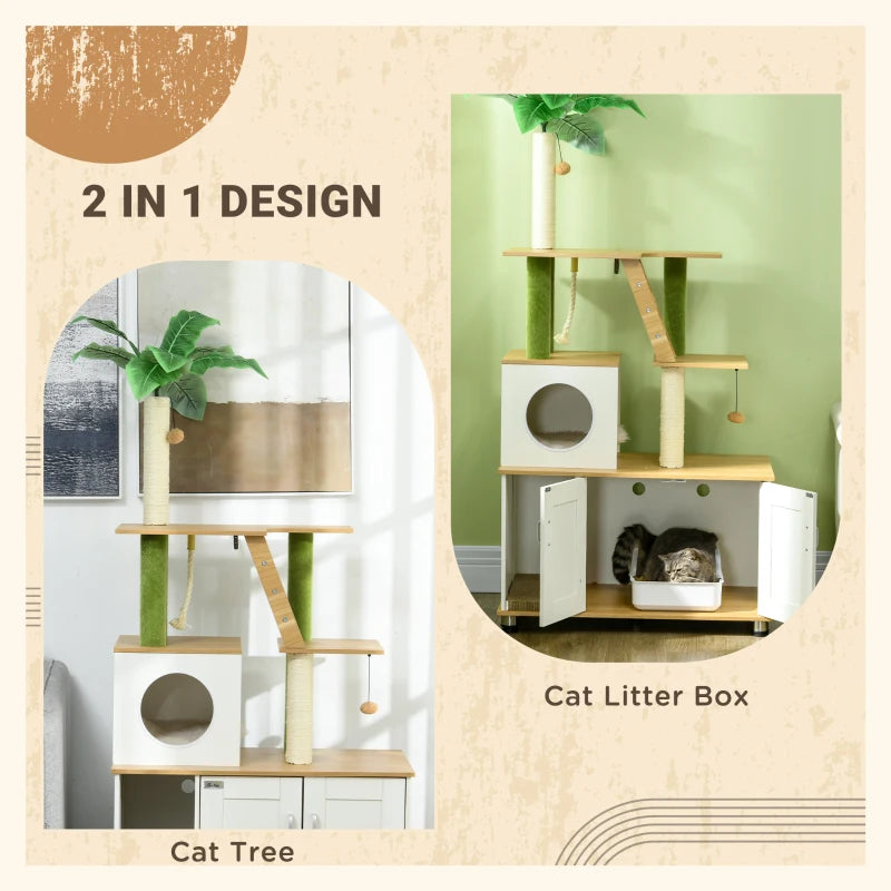 PawHut 2-in-1 Cat Tree Tower with Hidden Litter Box, Green Leaf Design, Oak - House, Ladder, Scratching Posts, Platforms for Indoor Cats - ALL4U RETAILER LTD