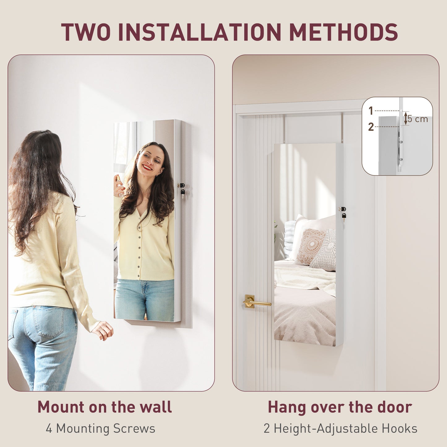 HOMCOM Lockable Jewellery Cabinet With LED Lights Mirror 108 x 37 cm White Surface Pink Lining