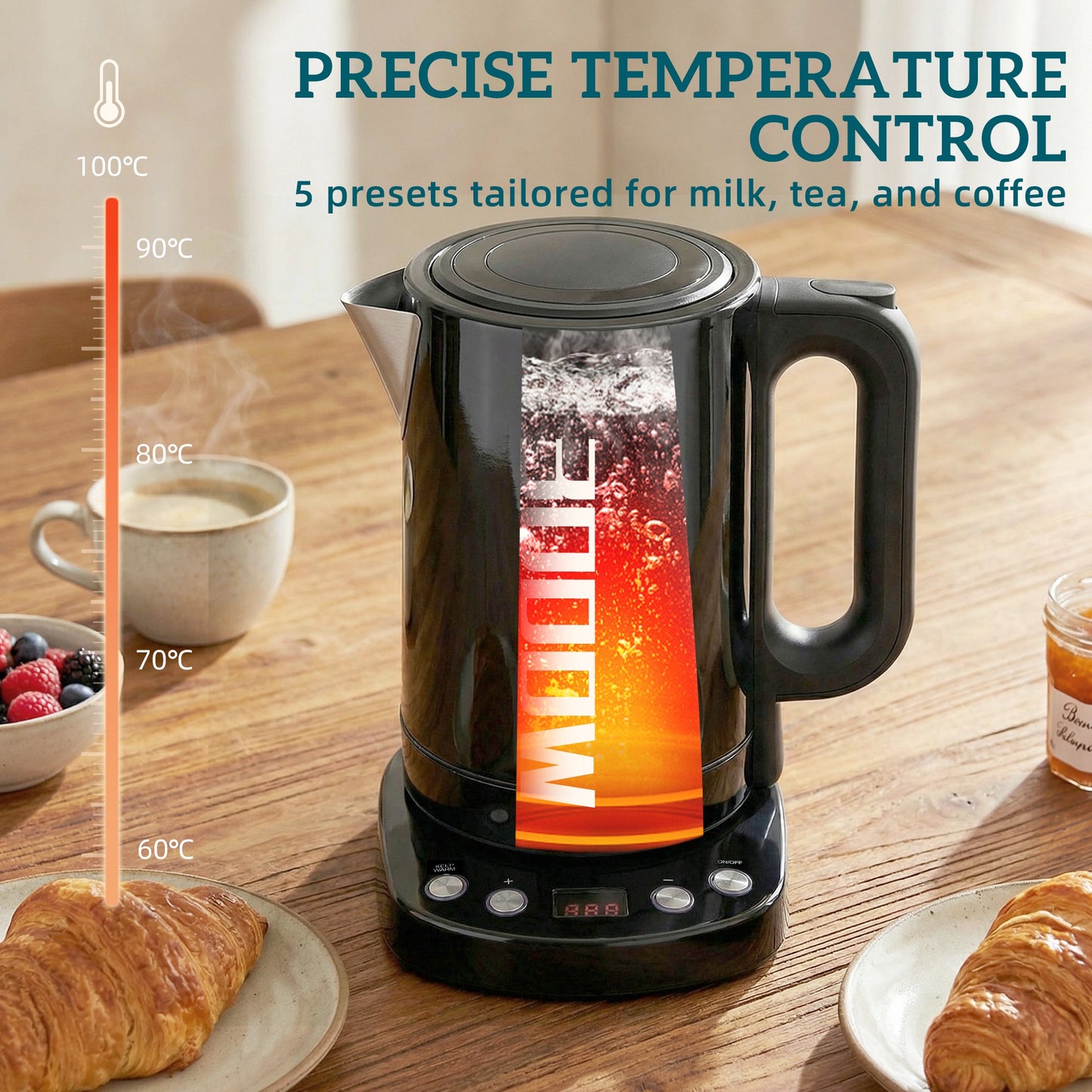 HOMCOM 1.7L Electric Kettle 3kW Fast Boil UK Strix Thermostat Keep Warm LCD Base Black