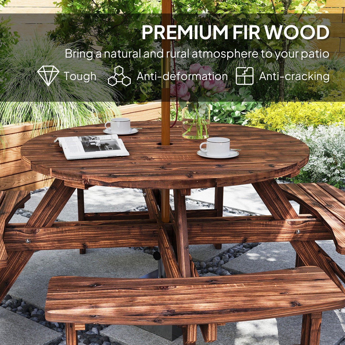 Outsunny Wooden Garden Dining Set 8 Seater Patio Furniture Round Picnic Table With Parasol Hole Tan