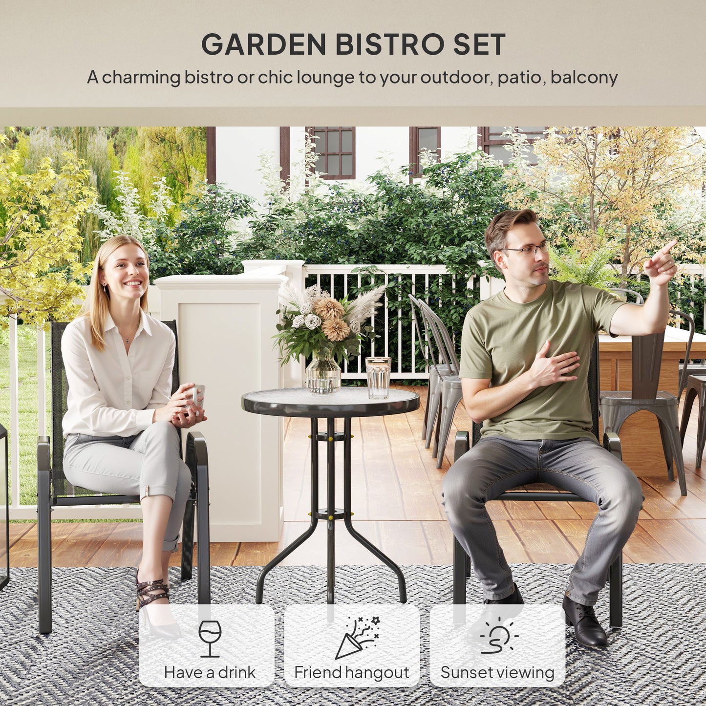 Outsunny Outdoor Garden Set With Round Table And Stackable Chairs In Black Powder Coated Steel