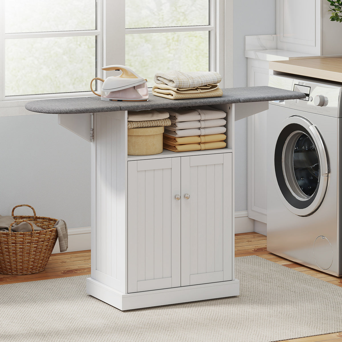 HOMCOM Mobile Ironing Board Cabinet on Wheels with Foldable Top and Storage
