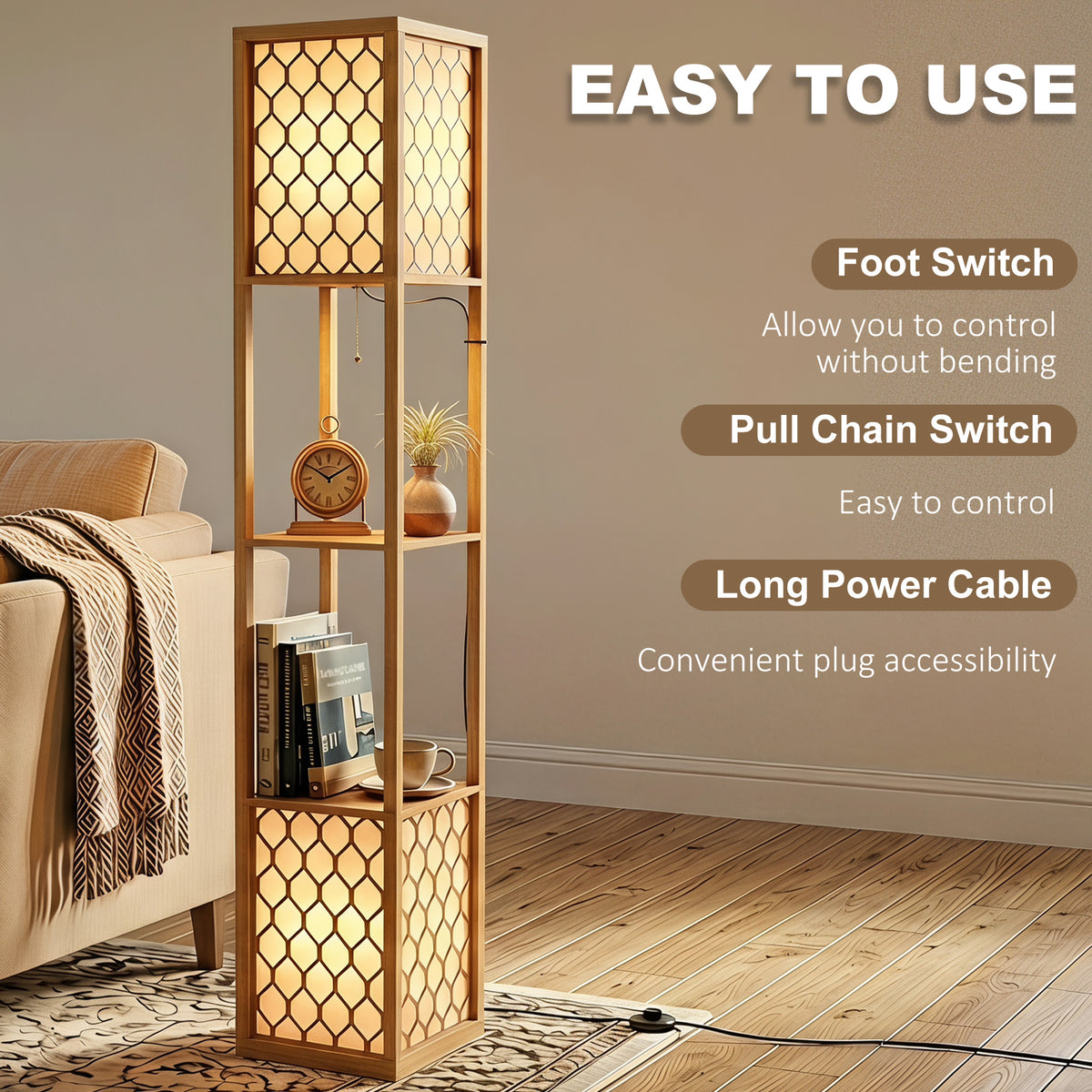 Wooden dual head floor lamp with three open shelves and glowing lattice panels