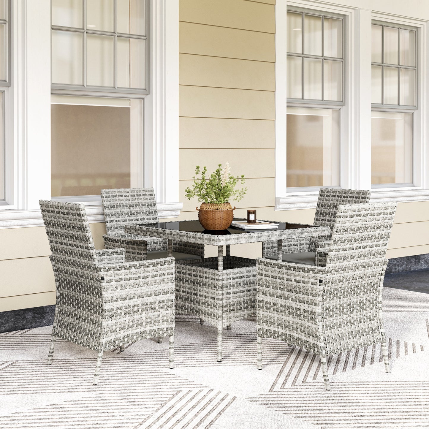 Outsunny Rattan Outdoor Dining Set 4 Seater With Cushions Square Glass Table Garden Furniture