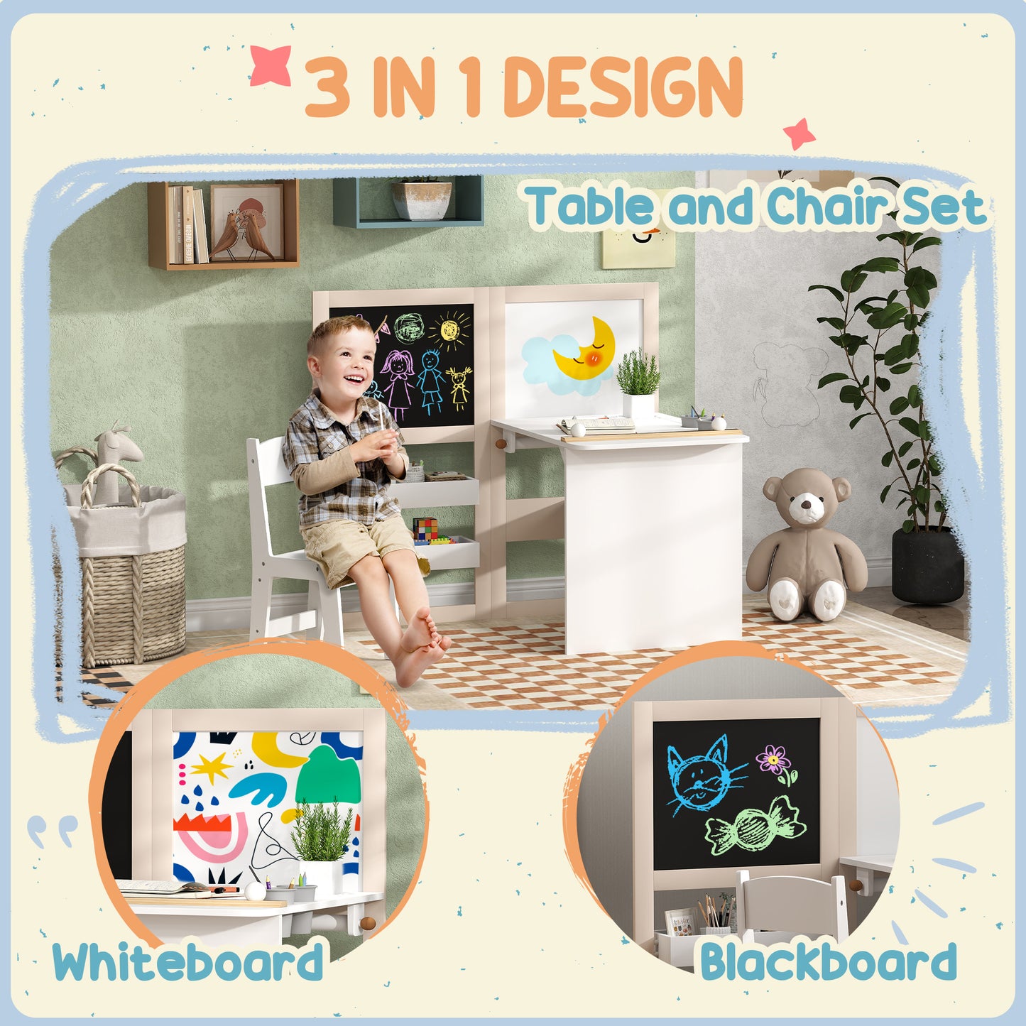 AIYAPLAY 3 In 1 Kids Table And Chair Set With Storage Whiteboard Blackboard And Roll Paper For Ages 3 To 8 White