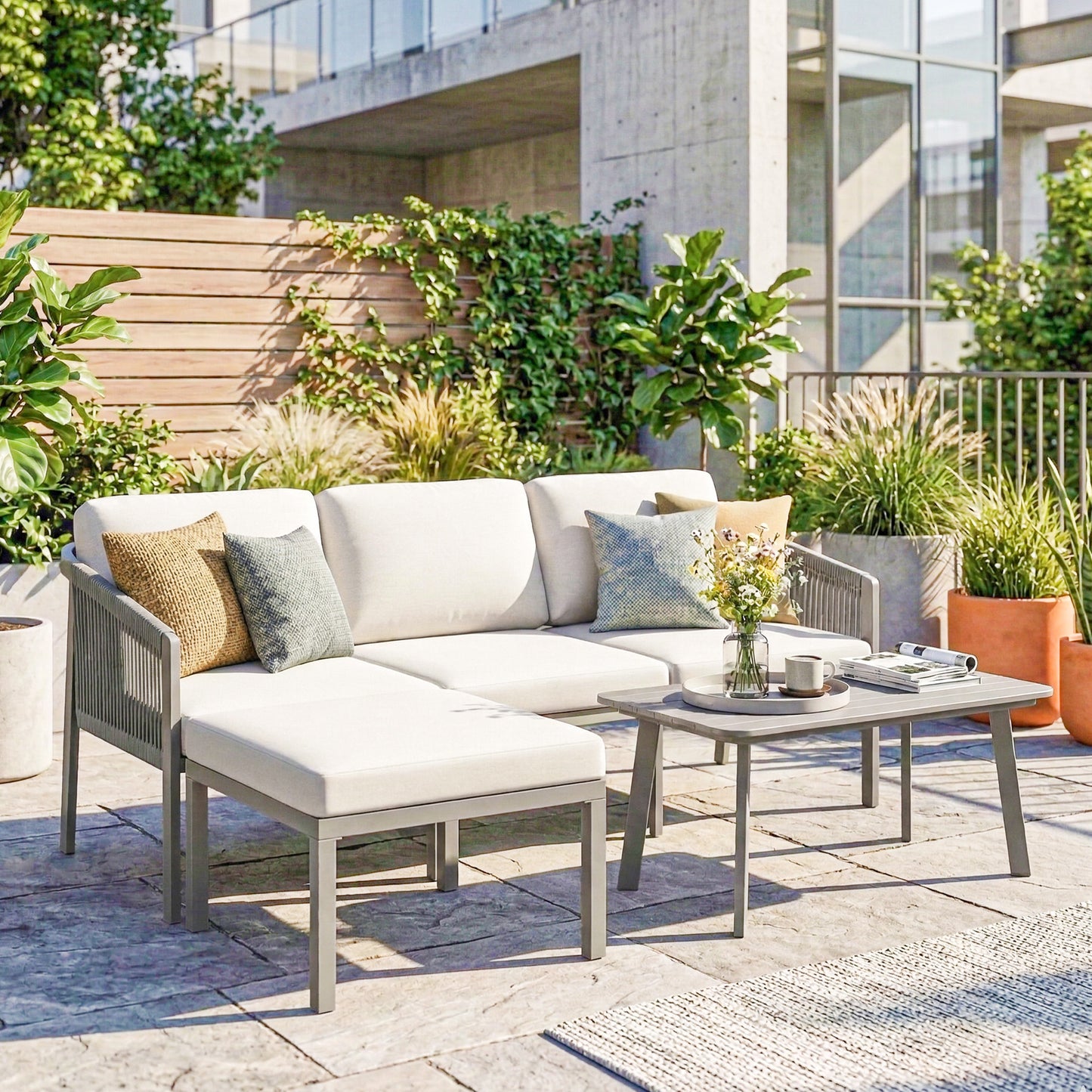 Outsunny 3 Piece Dining Set Outdoor Patio Furniture With 3 Seater Sofa Footstool Coffee Table Cushions
