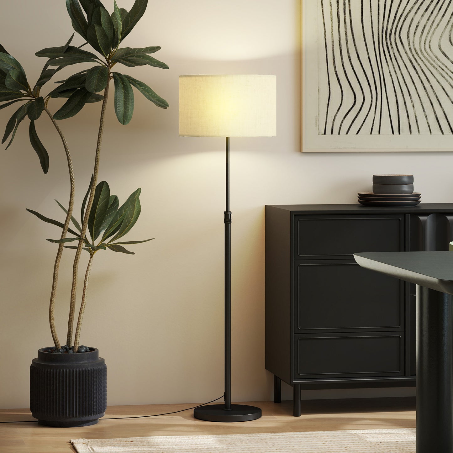 HOMCOM Floor Lamp With Remote Height Adjustable Linen Shade Dimmable 3000K To 6000K Color Temperature Black