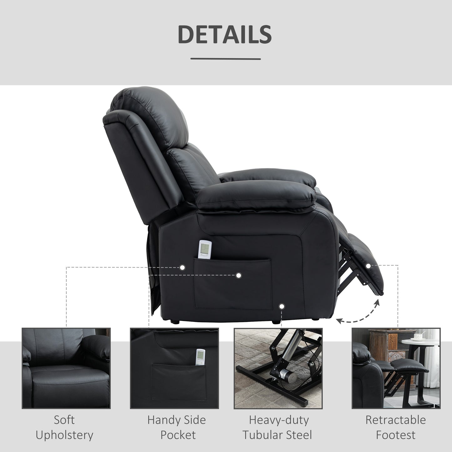 HOMCOM Power Lift Chair Riser And Recliner With Vibration Massage PU Leather Motorized For Elderly Black